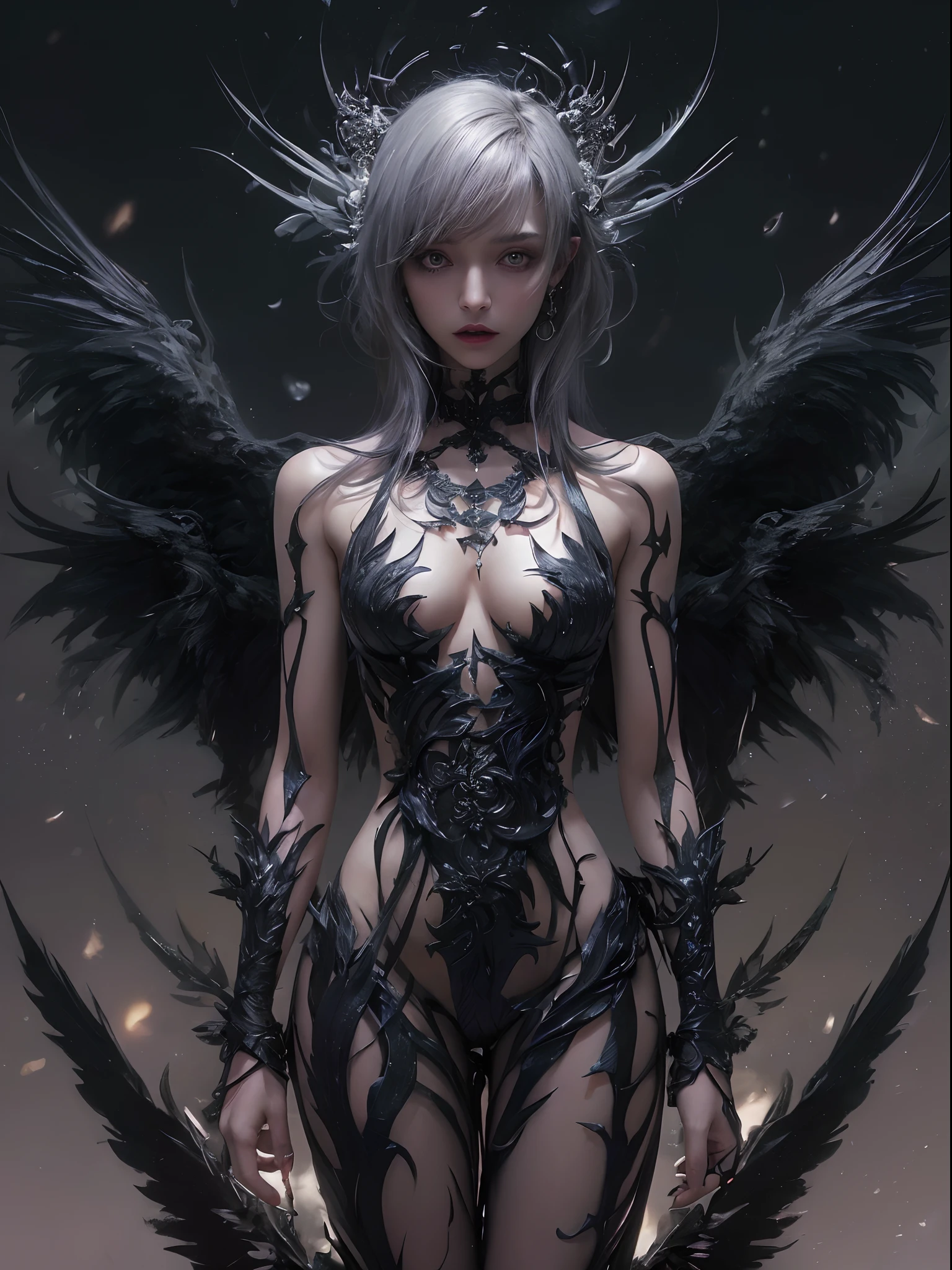 (dark color concept:1.2),a girl like doll with devil wings, archdevil, facing the front, nearly ?????, thin body, skinny, small breasts, tiny tits, devil crown, dragon horn, looking down at camera, (no hands),(Highest quality authentic textured skin),(Fine, Round, Symmetrical eyes),Delicate facial features,(Burning bright and cold eyes), very slim and thin body, ?????, ????, (She has a mischievous sadness on her face),(Her face is gentle and beautiful),metal earrings on the ears,(dark hair),(silvery hair),(Dramatic photo:1.4),(dramatic pose),(flamboyant photo), downturned eyes, downward glance, A messy painting,(Hair flows in air:1.5),(Vortices and tidal currents in the background),(Dramaticlight),(Magnificent scene),(Surrounded by black feathers),Epic realism,Cinematic feeling,(high-density imaging review:1.5),Ultra detailed,Dramaticlight,(intricately details:1.1), complex background, darkness background, fractal background, ((Thin Waist: 1.5)), (Slender Abs: 1.0), (Focus sharp: 1.5),