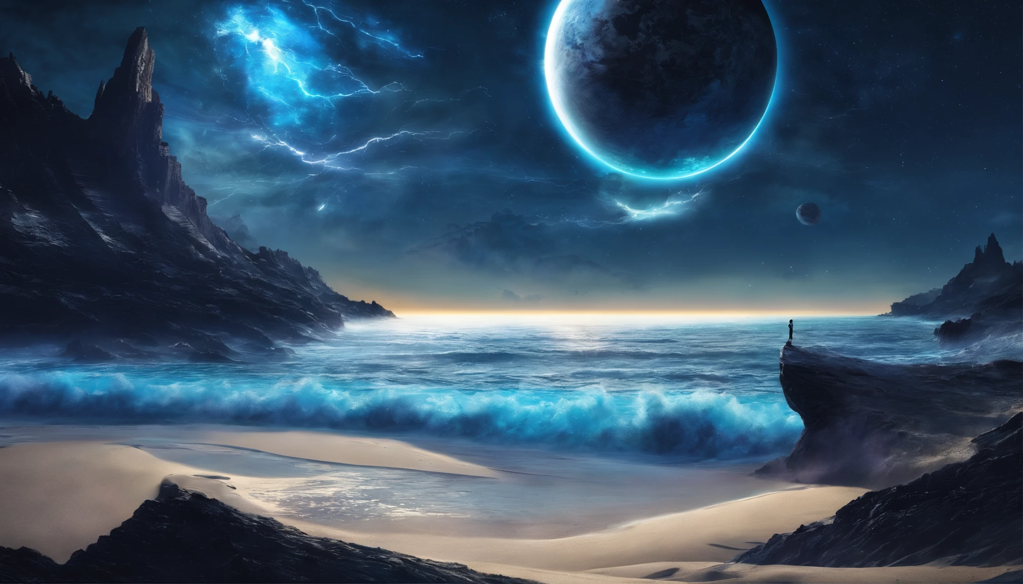 huge planet, the night, starrysky, surrealism, masutepiece, hight resolution、Impressive Milky Way:1.9、sand beach、Vast blue ocean、Blue Waves、Blue glacier、lightning bolt:1.9、Protoplanets、pure beauty