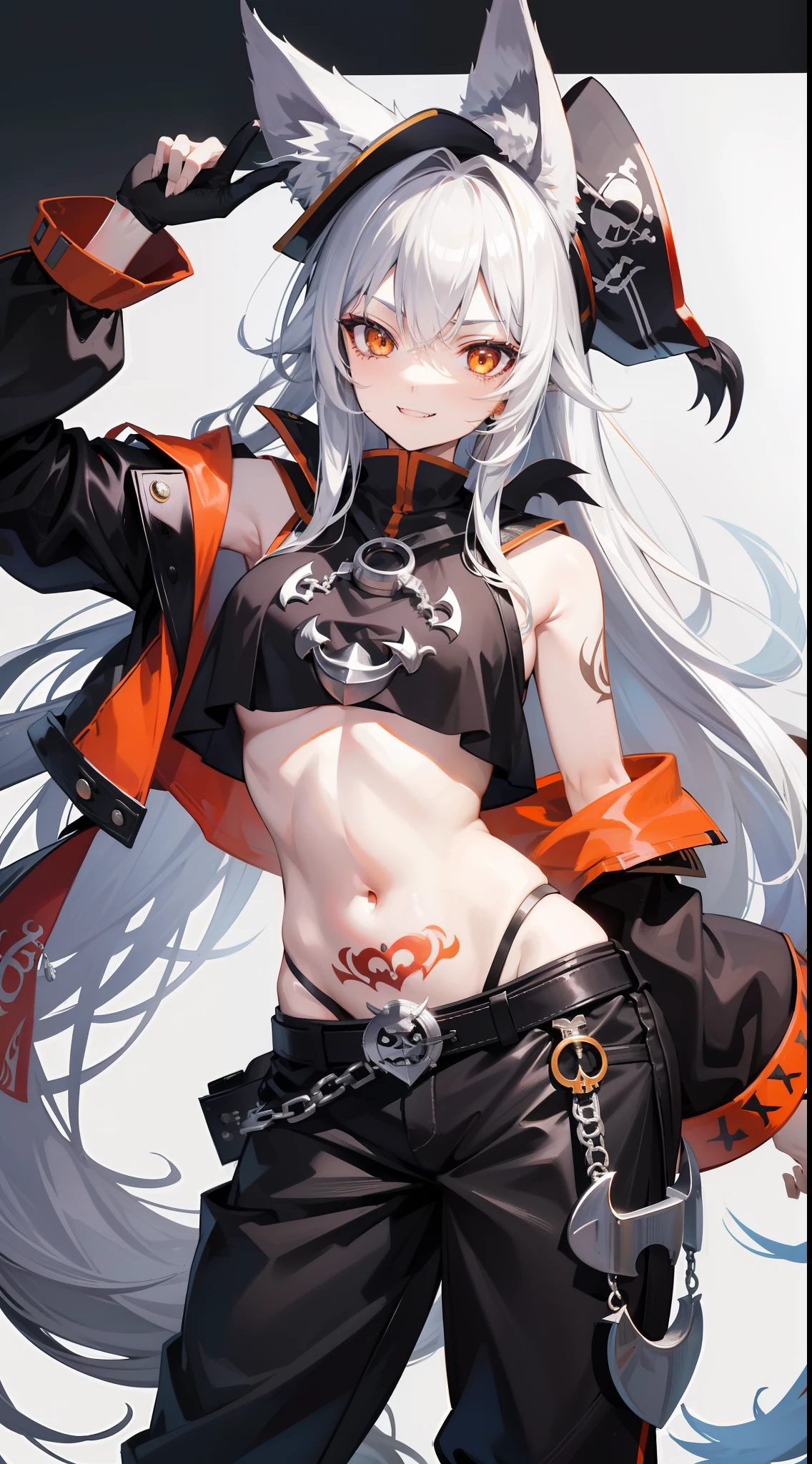 Tall guy, Long silver hair, Orange Eyes, wolf ears, wolf tail, ssmile, fangs, open torso, Tatoo, Pirate Hat, pirate pants, anchor, 4k, HD, Good detail