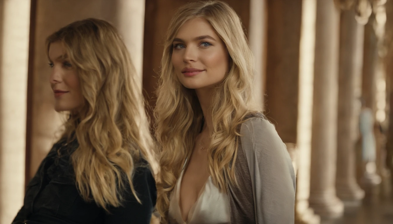 arafed woman with long blond hair wearing a black top, side portrait of imogen poots, with round face, victoria's secret model, center parted bangs, straight hairstyle, aleksandra waliszewska, eva elfie, commercial photo, a girl with blonde hair, leaked image, imogen poots, no makeup wavy hair