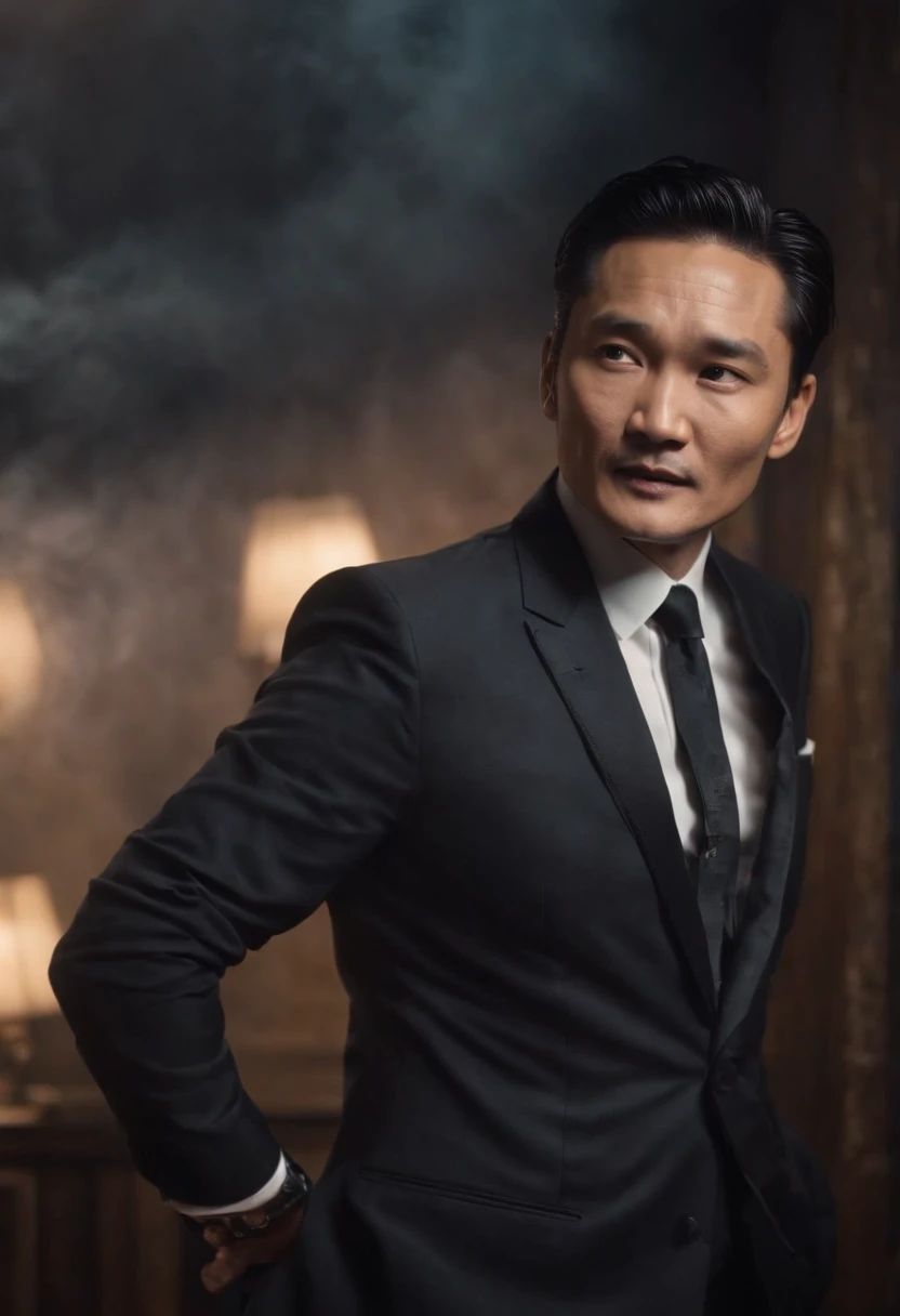 Jacky Cheung，Hold the microphone，in suit，Singing，Stand on the door frame，dark stormy clouds