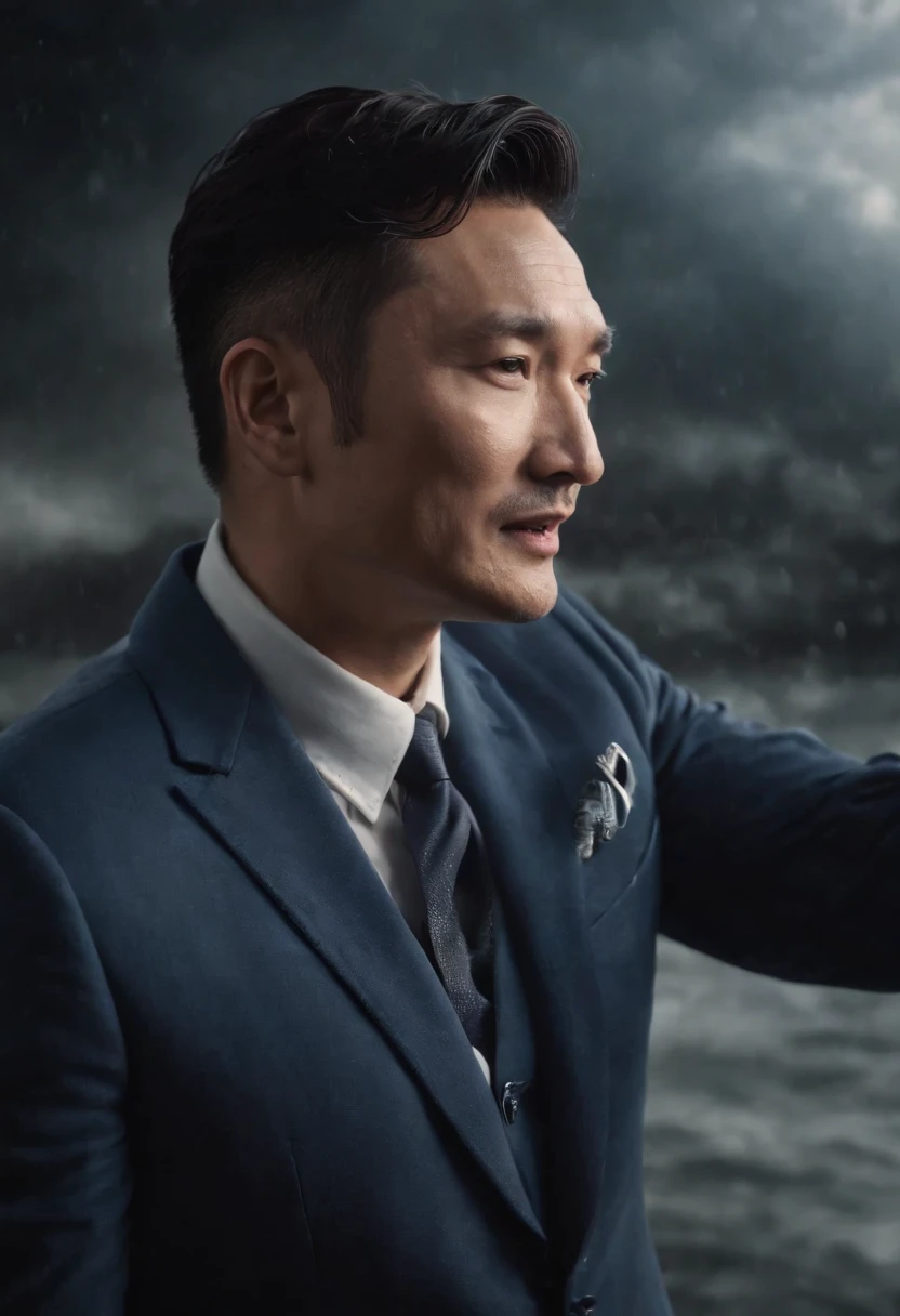 Jacky Cheung，Hold the microphone，in suit，Singing，Stand on the door frame，dark stormy clouds