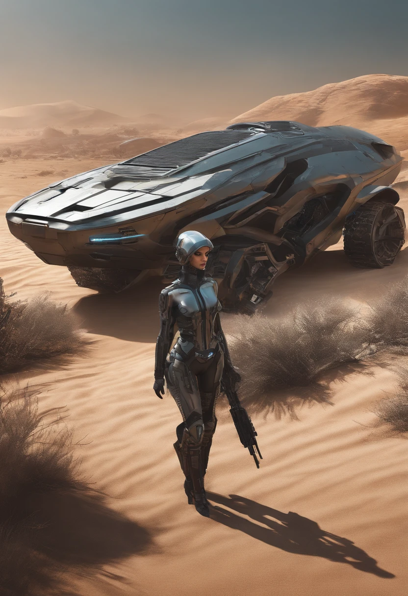 Create a vibrant, futuristic artwork depicting a cyber female and her sleek, cybernetic vehicle in an awe-inspiring desert wasteland. Imagine a world where technology and nature coexist, showcasing a harmonious blend of the artificial and the organic. The cyber female should be portrayed as confident, strong, and full of character. Feel free to explore imaginative cybernetic enhancements and futuristic fashion, emphasizing vibrant colors, intricate designs, and unique textures. The vehicle should complement the overall scene, reflecting its cybernetic nature and incorporating elements that showcase its functionality. Let your creativity run wild as you bring this captivating cybernetiv world to life!