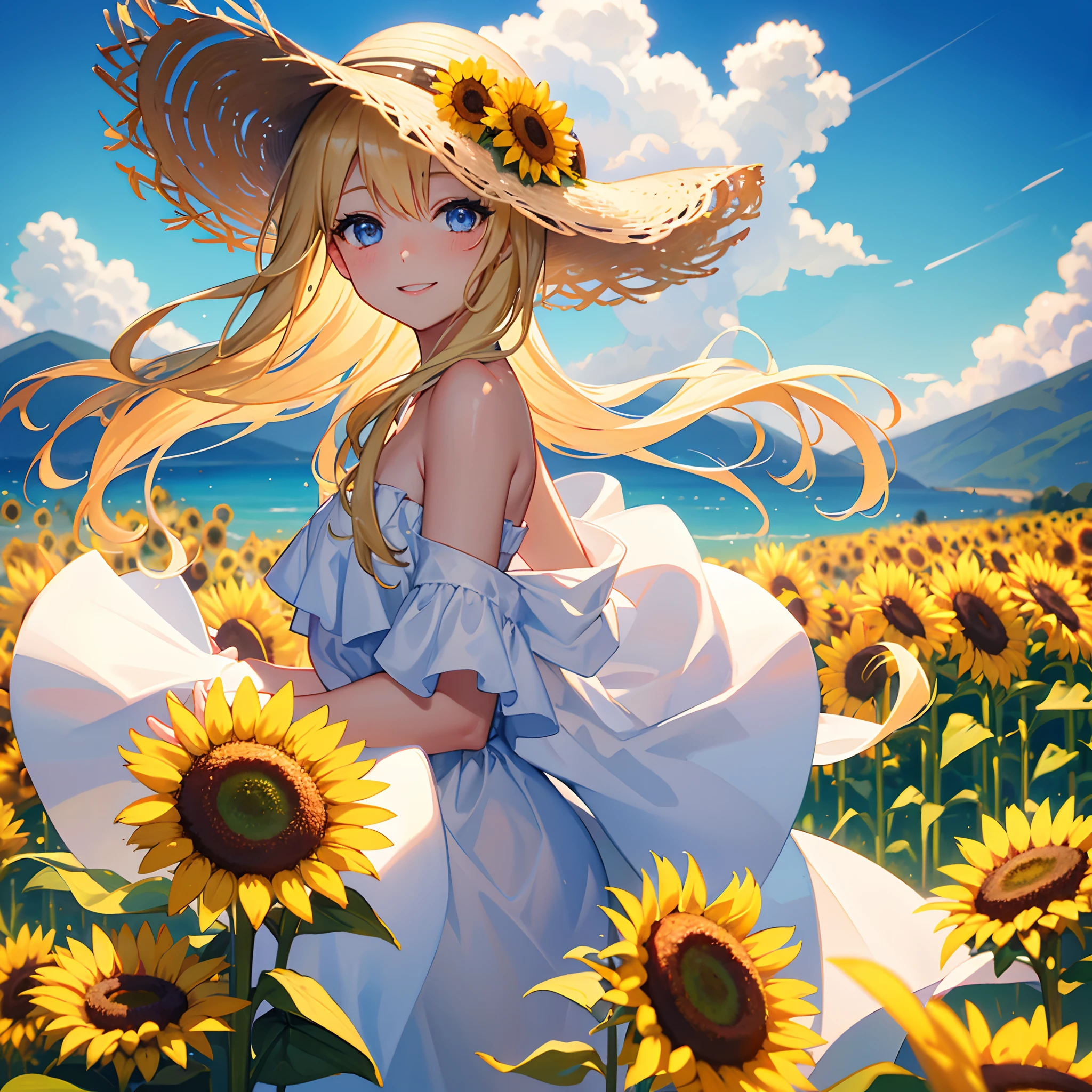 closeup portrait of girl in a plain white off-shoulder strapless sundress, flowing blonde hair, blue eyes, very large straw hat, sunflowers, grass, windy, smiling, looking at camera, wink, trees, clouds, ribbons, mountains. masterpiece, pastel colors, high details, bokeh, depth-of-field