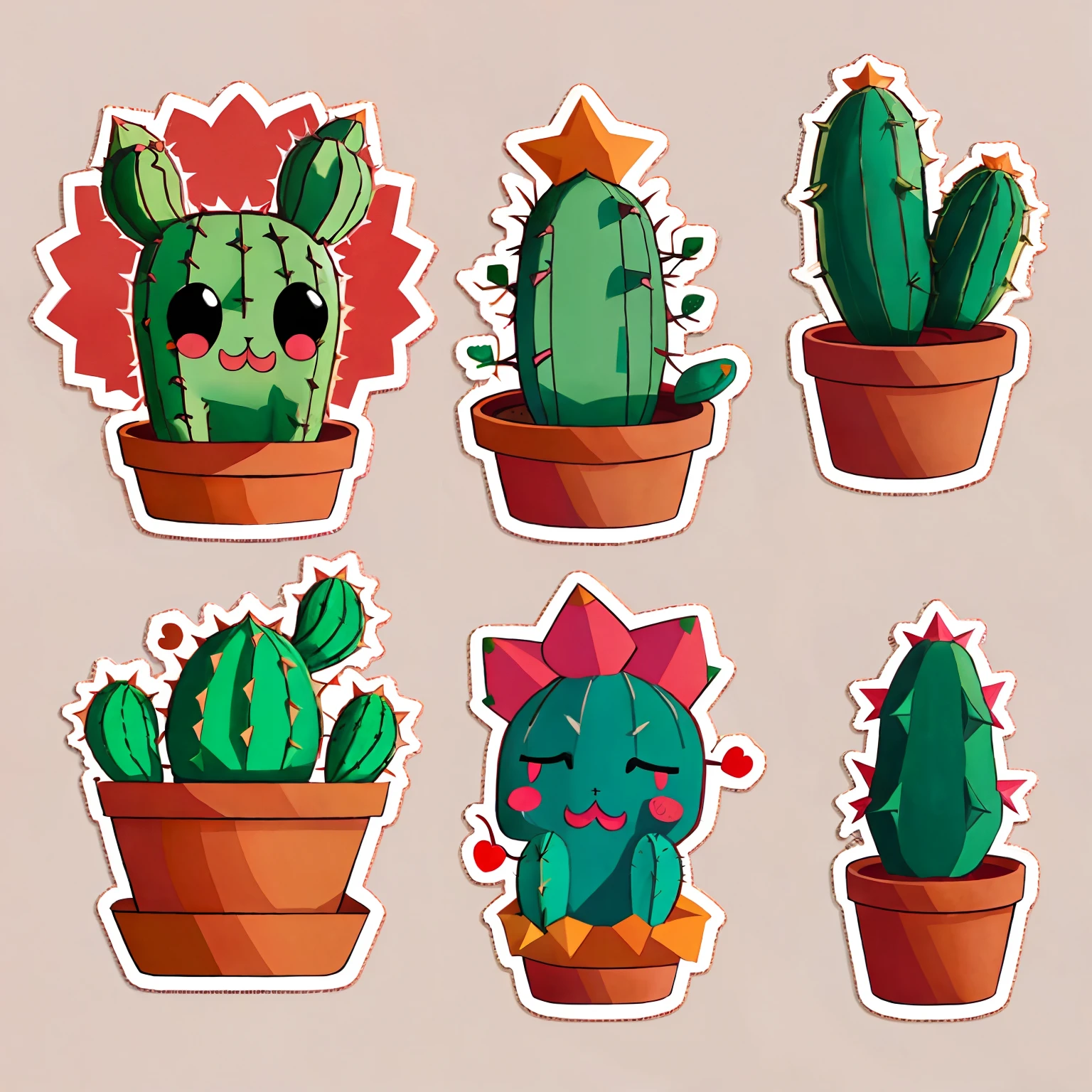 stickers of four cactus,cute,anthropomorphic cactus,emote