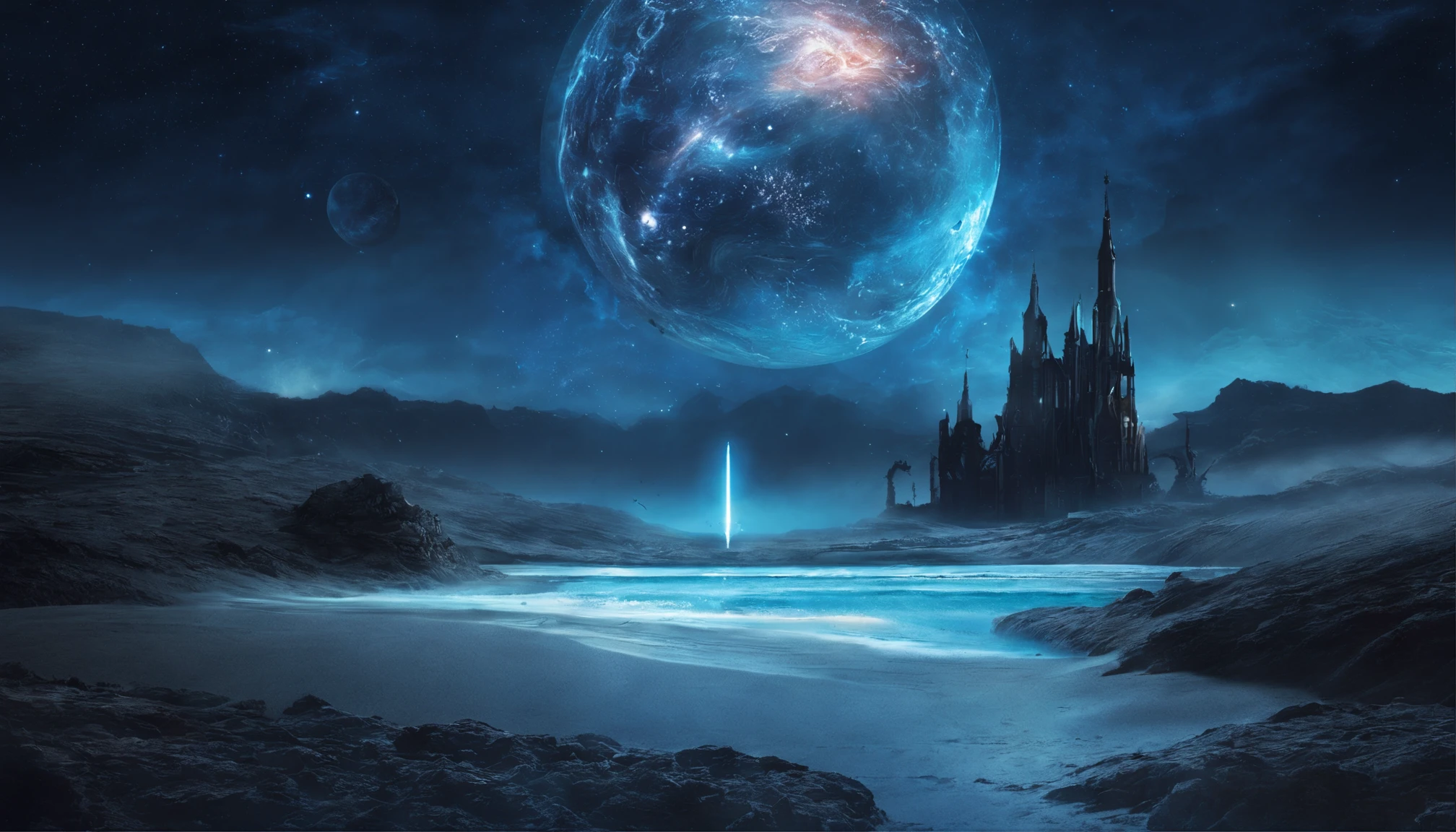 huge planet, the night, starrysky, surrealism, masutepiece, hight resolution、Impressive Milky Way:1.9、sand beach、Vast blue ocean、Blue Waves、Blue glacier、lightning bolt:1.9、Protoplanets、pure beauty