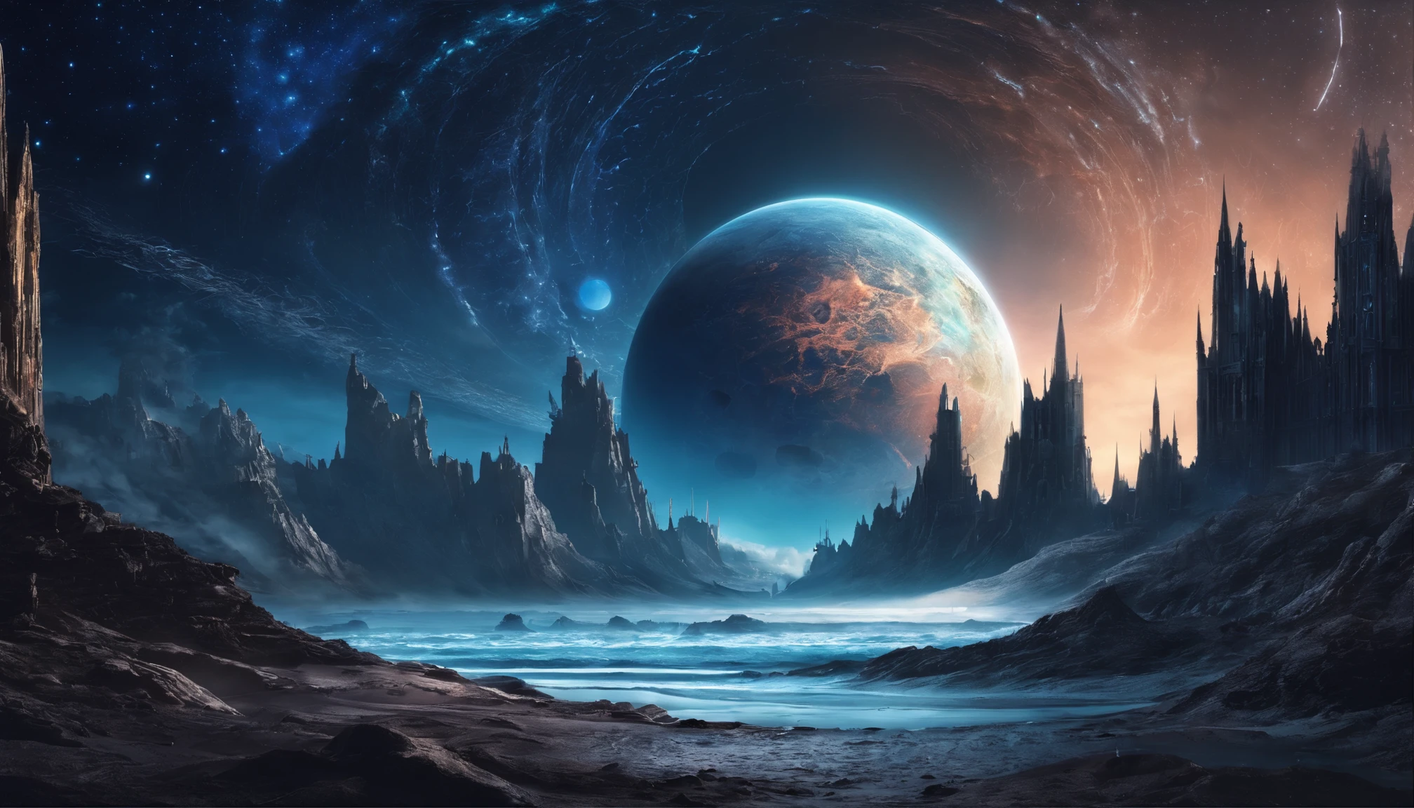 huge planet, the night, starrysky, surrealism, masutepiece, hight resolution、Impressive Milky Way:1.9、sand beach、Vast blue ocean、Blue Waves、Blue glacier、lightning bolt:1.9、Protoplanets、pure beauty