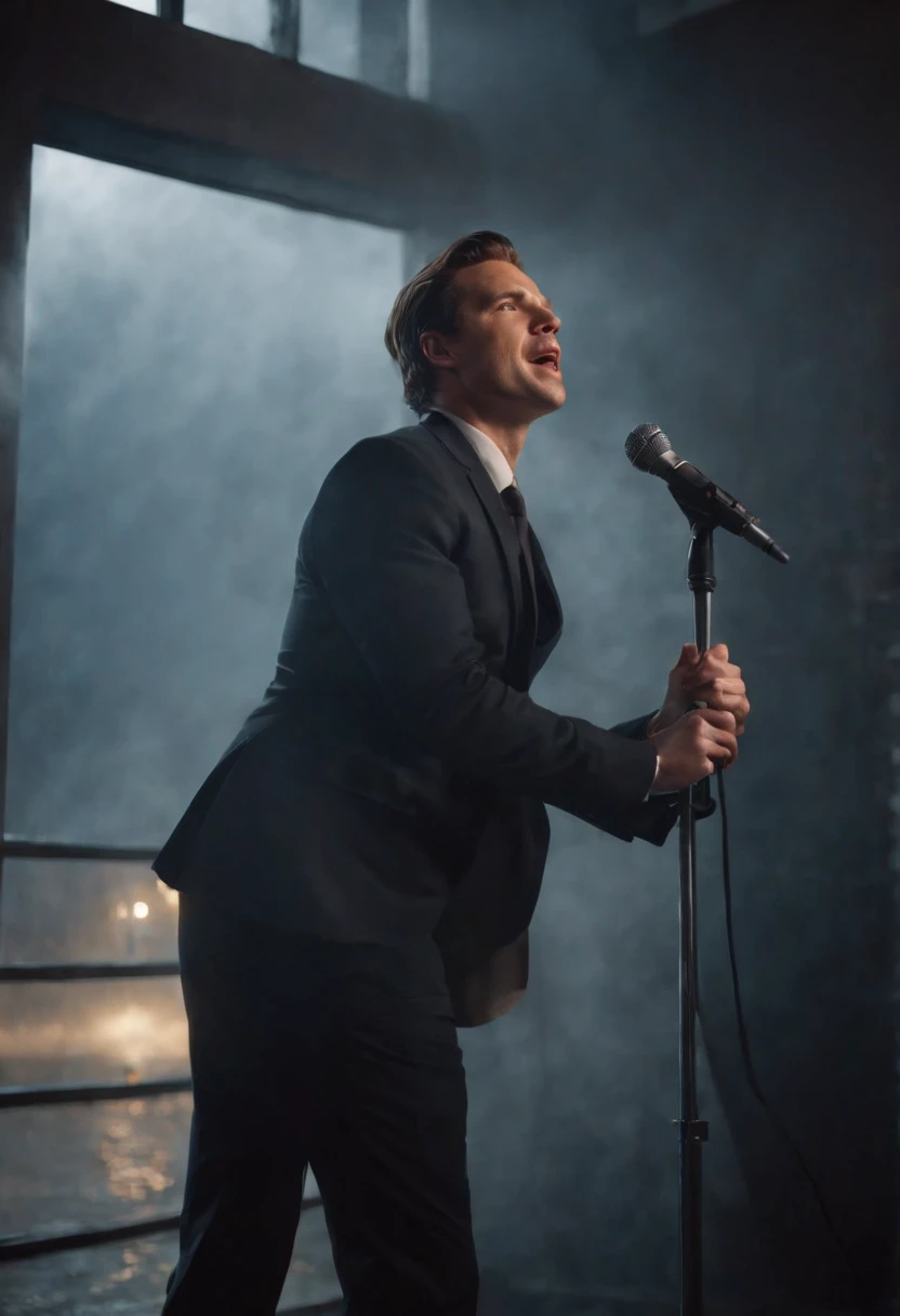 Jacky,Hold the microphone,in suit,Singing,Stand on the door frame,dark stormy clouds
