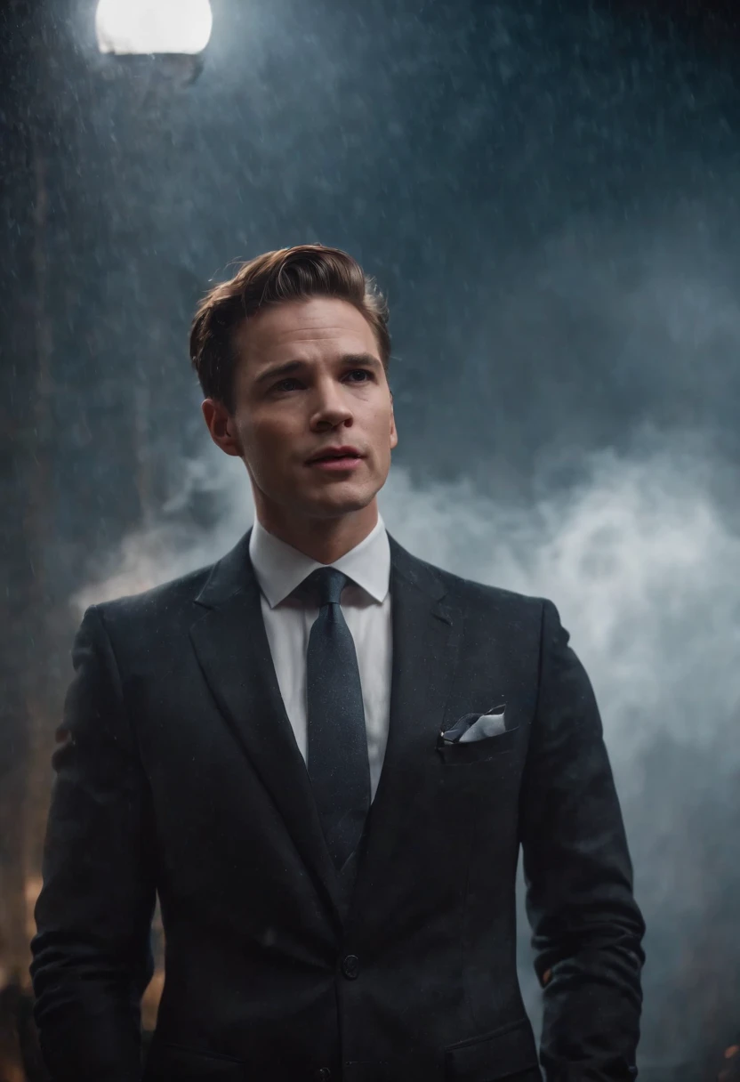 Jacky,Hold the microphone,in suit,Singing,Stand on the door frame,dark stormy clouds