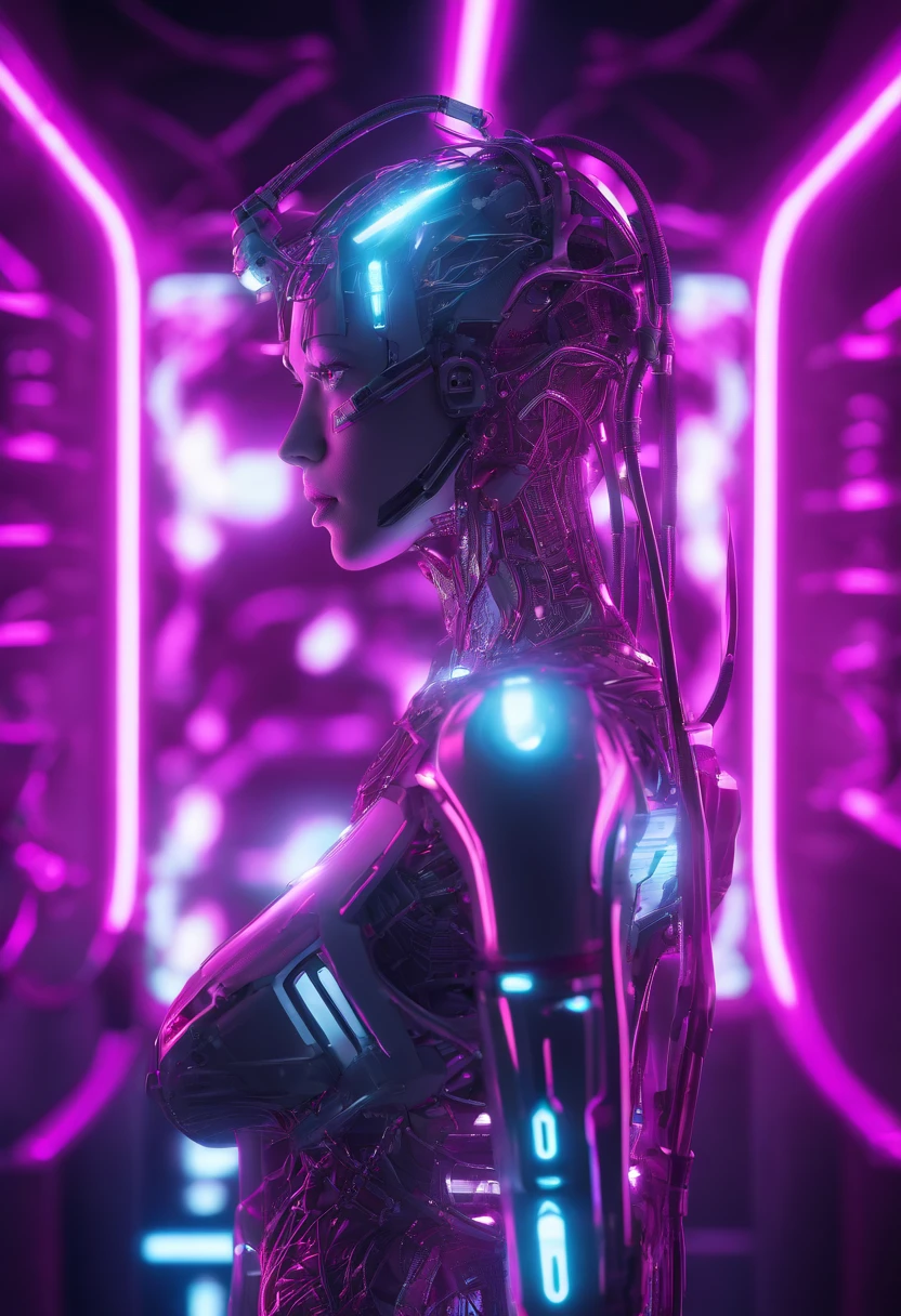 Hyper realistic photo, White female robot Goddess Gaia (((attached ti a electronic tree of life))), (((pink neon highlights))), Electronic Systems On-Head Humanoids, Detailed Brain in Sight, Detailed connection wire, mechanical limbs, tubes connected to the mechanical parts, mechanical vertebrae attached to the spine, mechanical cervical attachment to the neck, wires and cables connecting to the head, (((Led on a surgical Bed))), (((Cables Connecting to Monitors))) | Biopunk | Cybernetics | Cyberpunk | Purple Neon | Canon M50| 100mm| Sharp Focus | Hyperrealism | Very detailed| Intricate Details | Full Body View, small glowing LED lamps, Bright Blue Highlights, global lighting, deep shadows, Octane Rendering, 8K, Ultra Sharp, Metal, Intricate Ornament Details, baroque details, Very intricate details, realistic light, CGSoation trend, facing the camera, neon details, (android manufactory in background)