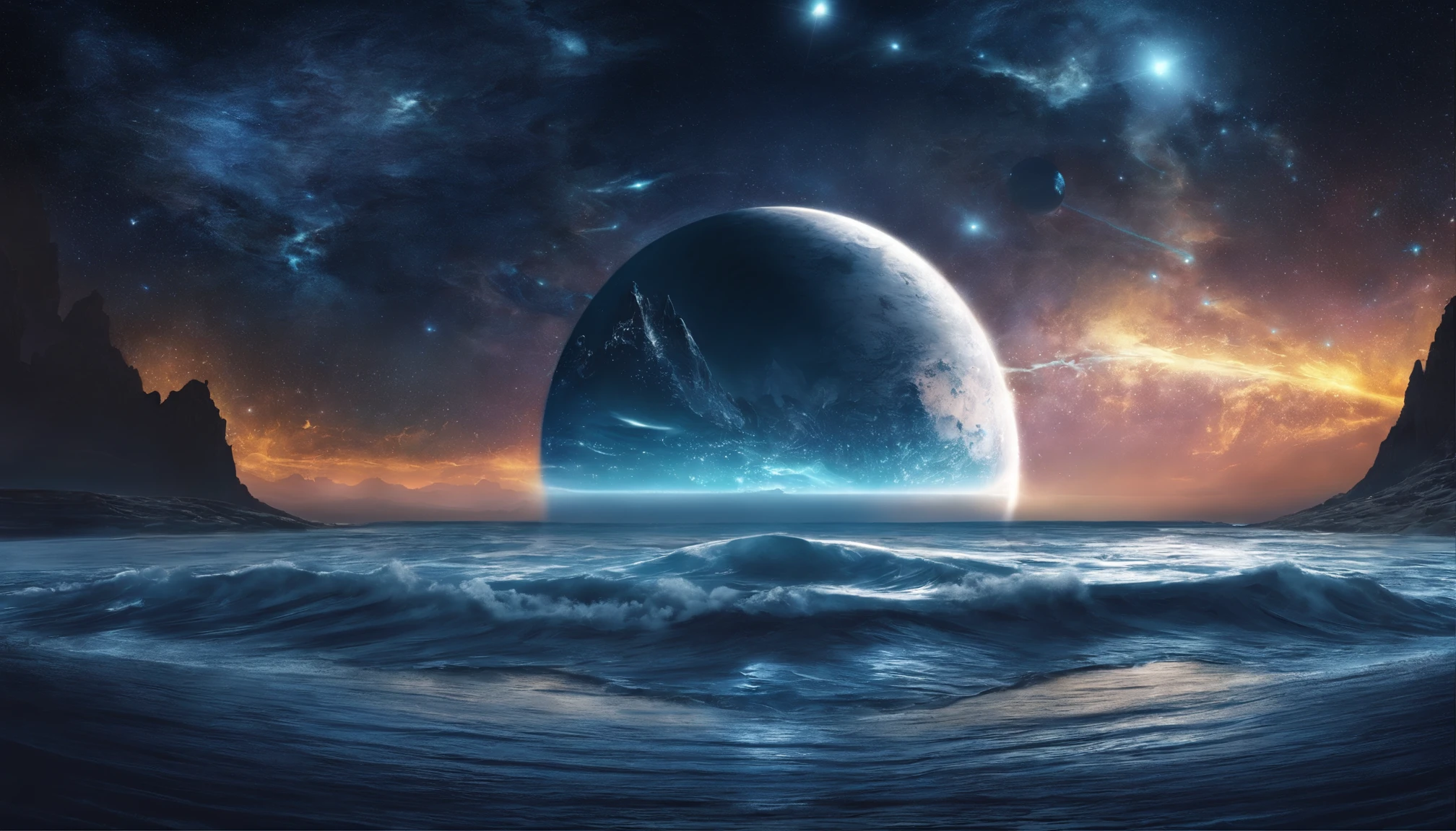 huge planet, the night, starrysky, surrealism, masutepiece, hight resolution、Impressive Milky Way:1.9、sand beach、Vast blue ocean、Blue Waves、Blue glacier、lightning bolt:1.9、Protoplanets、pure beauty