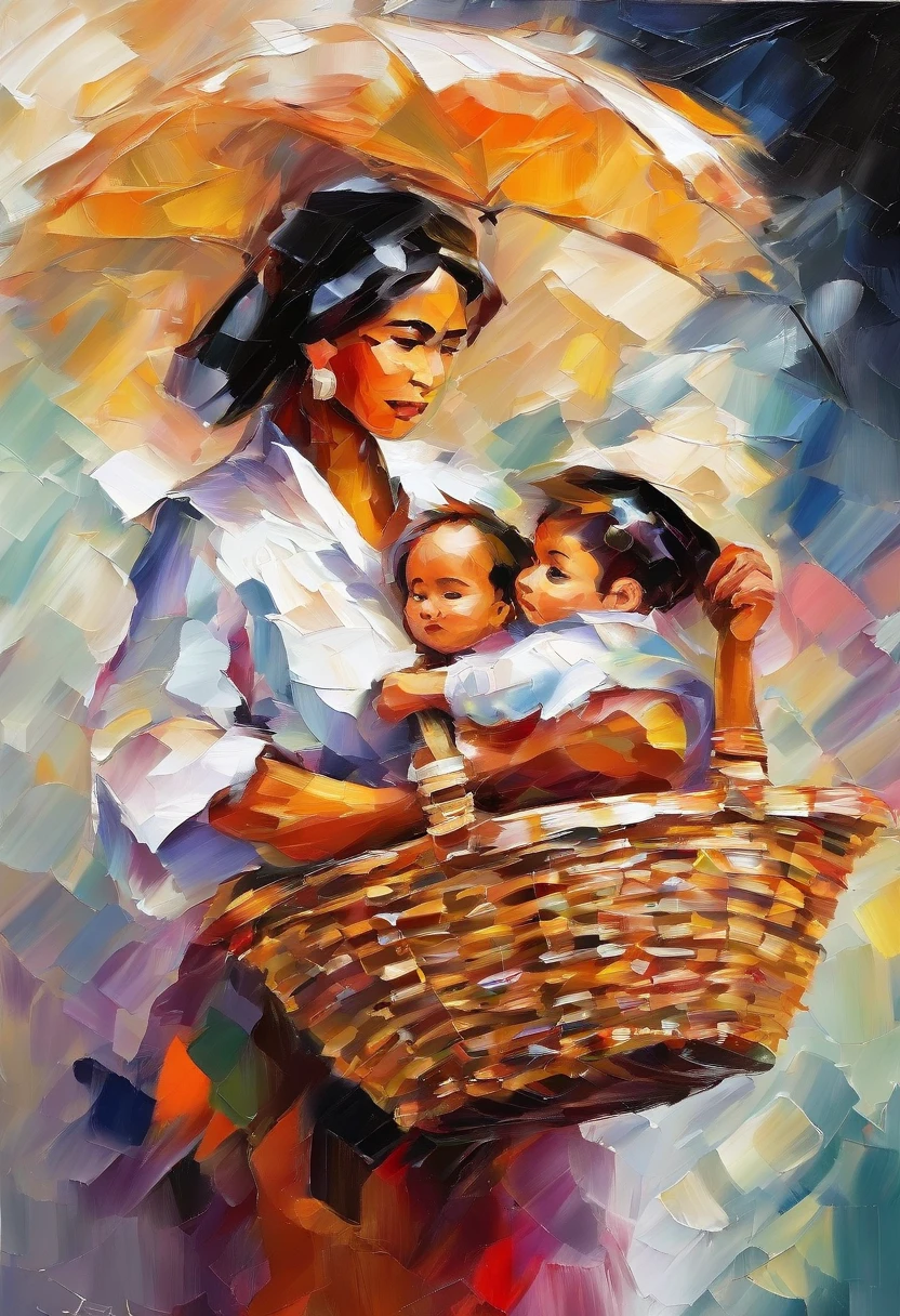 A market seller carries a market basket.Holding the  by the hand၊ went back, RAINING SEASON, best composition,  white background masterpiece  oil painting, impasto painting.