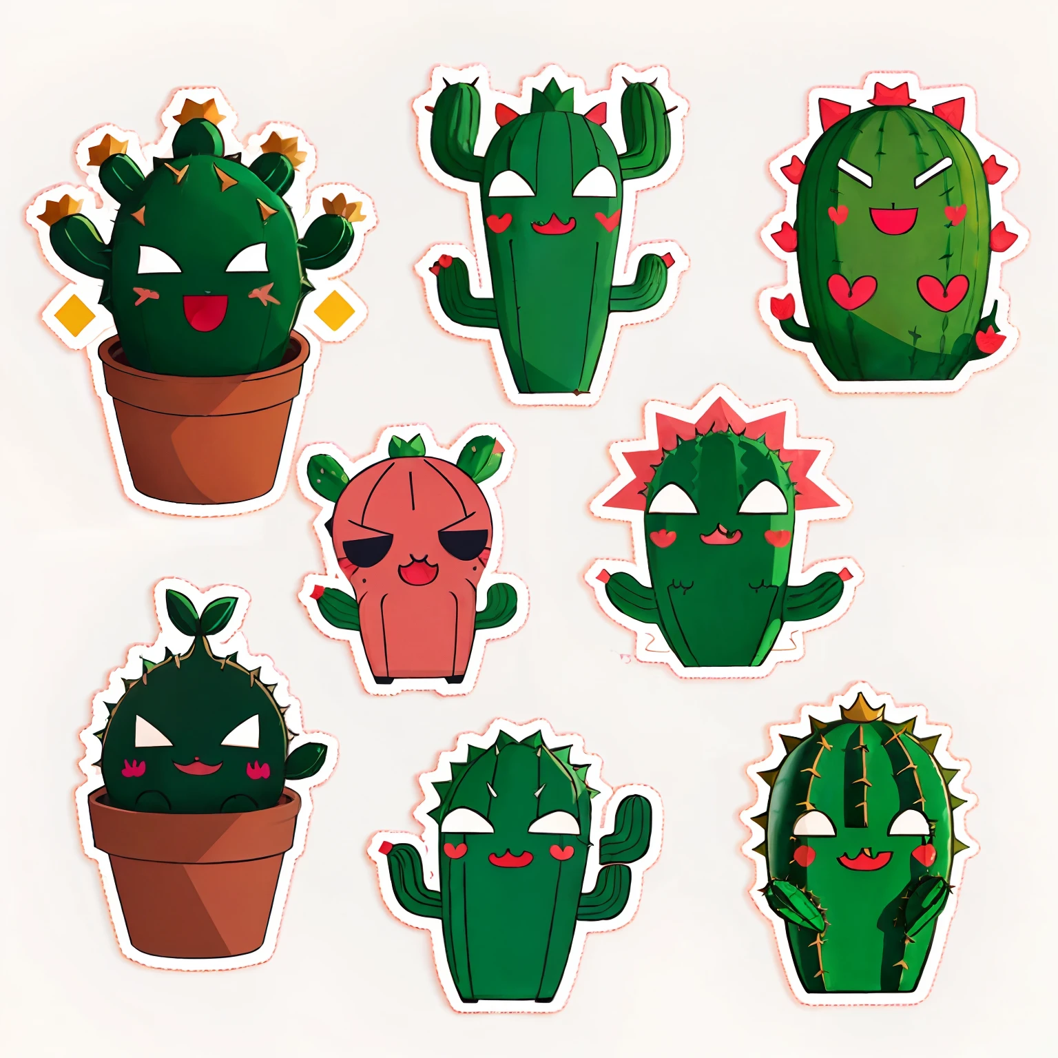 stickers of four cactus,cute,anthropomorphic cactus,emote