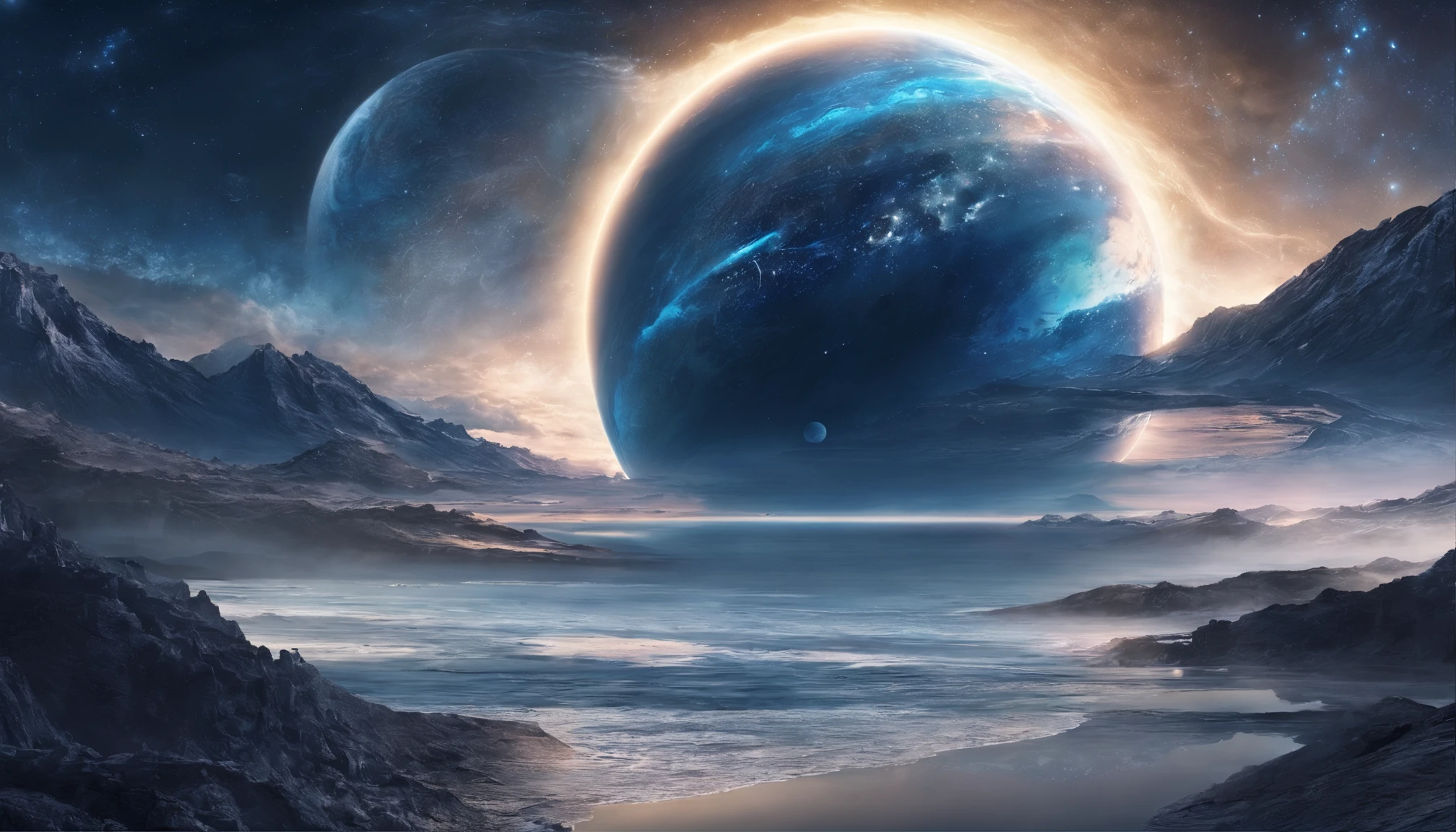 A view of a planet with a ring of stars in the sky - SeaArt AI