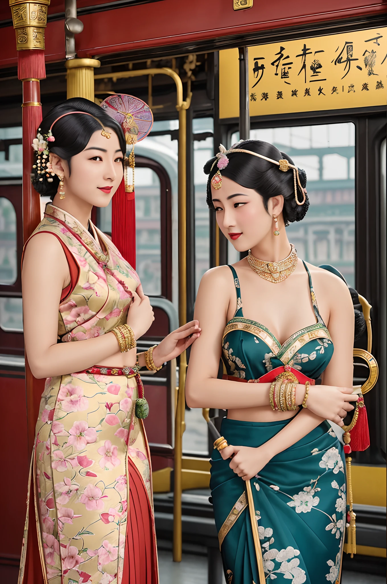 Two beautiful girls,leering:1.4, Lovers, lesbians,(in the railway station 1920's Shanghai,retro train background:1.6),(Taoist hairstyle,Giant hairstick:1.6,oiran hair ornament,armlets, bangle:1.3),Dodge kisses,bauhaus, bulgari, official valentino editorial,half-open lips, Suck your lips firmly, Drooling, elegant, Brilliant, Beautiful, Blush (0.2), Gorgeous, Beautiful, Gorgeous, gentle, Starry sky, Milky Way, Summer triangle, Tanabata and bamboo ornaments, Precise drawings, a detailed drawing,