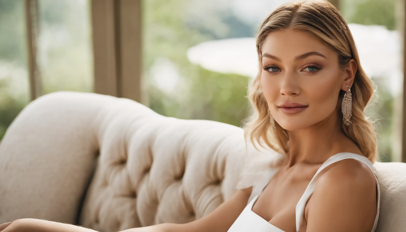 araffed sexy Gigi Hadid with big breast ,  sitting on a couch in a white dress,, looking at camera, , tattooed , as a youtuber, looking at viewer ,smiling, , smooth white tight clothes suit, extremely beautiful face, blonde and attractive features, breathtaking face, beautiful fine face features, cinematic lens, wearing white Knitted Sleeveless Tank Tops, photorealistic fujifilm , detailed face , detailed eyes .