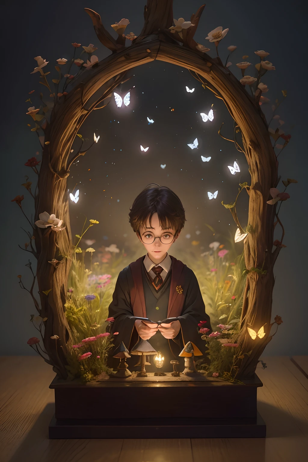 Harry Potter, glasses bunny, Bokeh effects of small led lights, field full of butterflies, rabbits, mushrooms and bonsai, japanese setting, photorealistic, pixar style, The scene is framed in the rule of thirds, with a high quality background and ultra detailed scenery. Intricate scene full of flowers