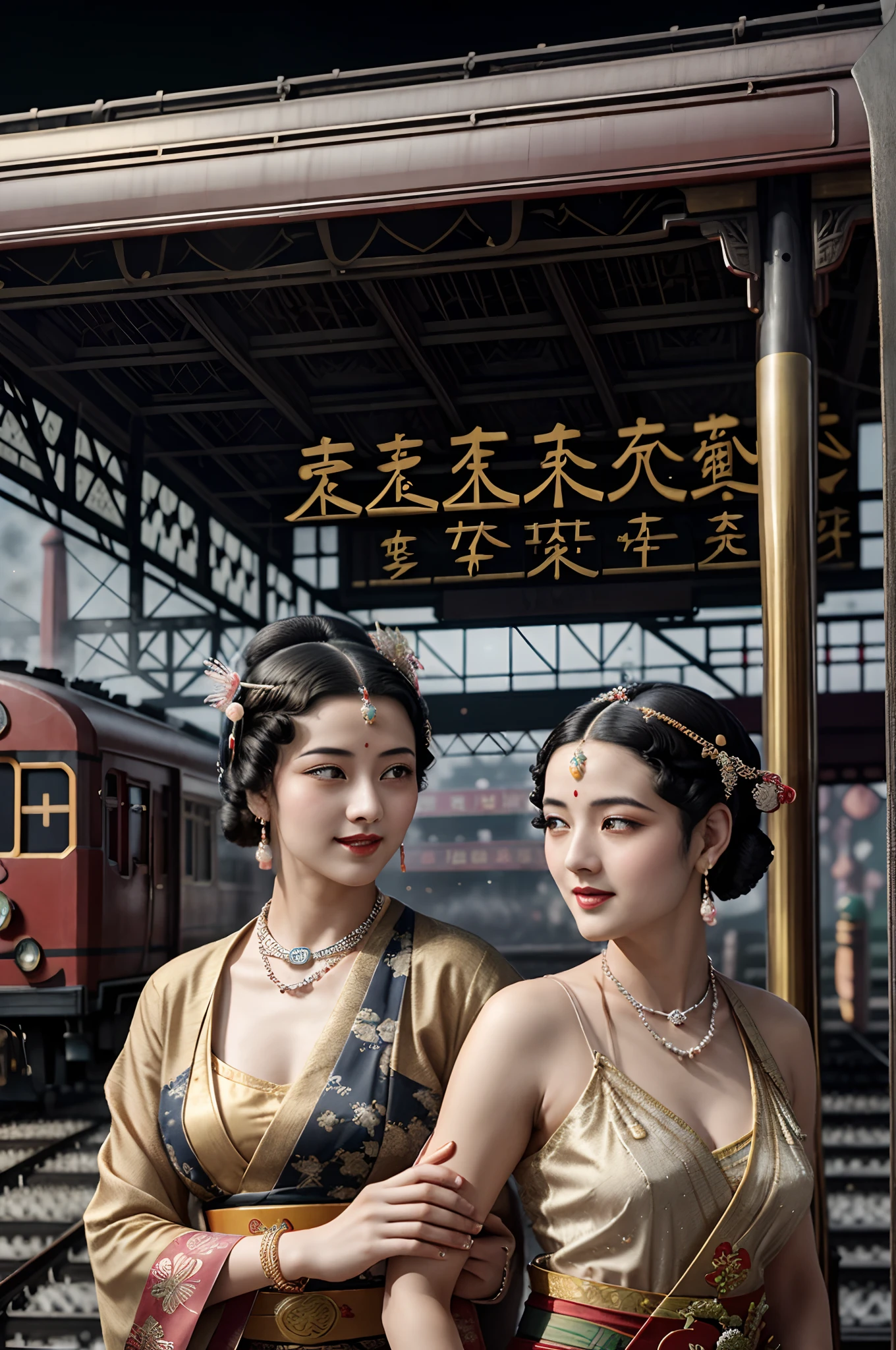 Two beautiful girls,leering:1.4, Lovers, lesbians,(in the railway station 1920's Shanghai,retro train background:1.6),(Taoist hairstyle,Giant hairstick:1.6,oiran hair ornament,armlets, bangle:1.3),Dodge kisses,bauhaus, bulgari, official valentino editorial,half-open lips, Suck your lips firmly, Drooling, elegant, Brilliant, Beautiful, Blush (0.2), Gorgeous, Beautiful, Gorgeous, gentle, Starry sky, Milky Way, Summer triangle, Tanabata and bamboo ornaments, Precise drawings, a detailed drawing,