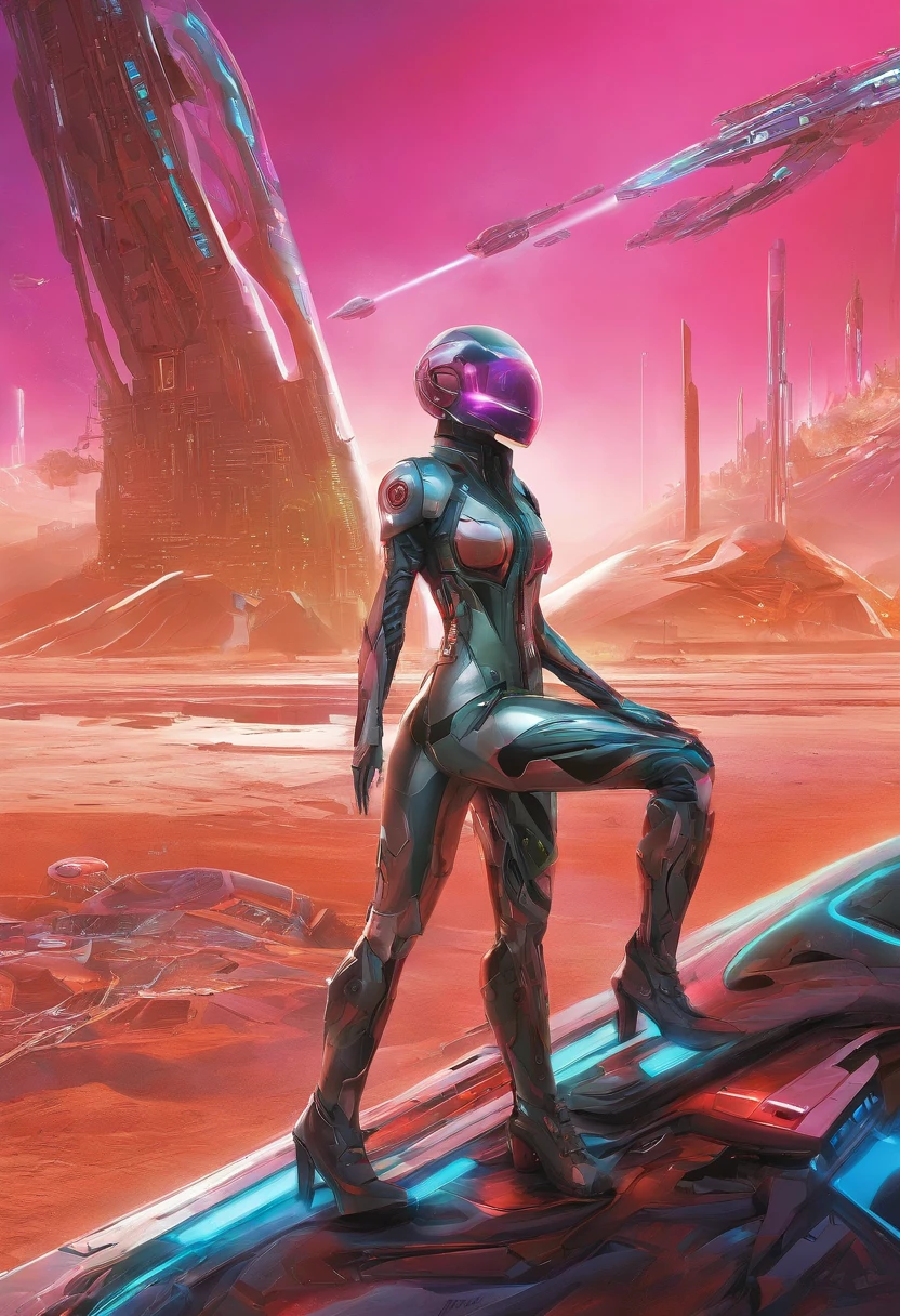 Create a vibrant, futuristic artwork depicting a cyber female and her sleek, cybernetic vehicle in an awe-inspiring desert wasteland. Imagine a world where technology and nature coexist, showcasing a harmonious blend of the artificial and the organic. The cyber female should be portrayed as confident, strong, and full of character. Feel free to explore imaginative cybernetic enhancements and futuristic fashion, emphasizing vibrant colors, intricate designs, and unique textures. The vehicle should complement the overall scene, reflecting its cybernetic nature and incorporating elements that showcase its functionality. Let your creativity run wild as you bring this captivating cybernetiv world to life!