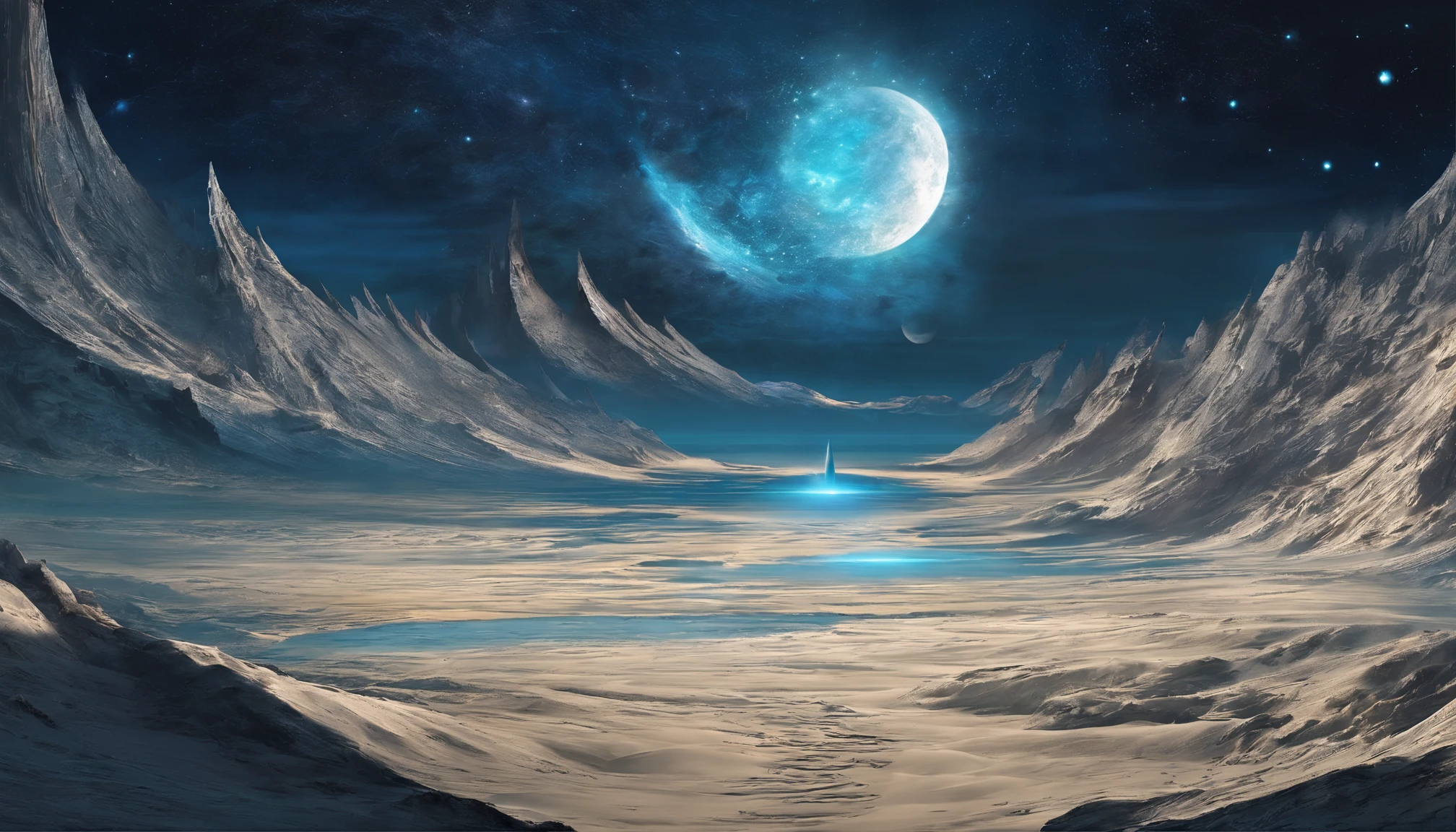 huge planet, the night, starrysky, surrealism, masutepiece, hight resolution、Impressive Milky Way:1.9、sand beach、Vast blue ocean、Blue Waves、Blue glacier、lightning bolt:1.9、Protoplanets、pure beauty