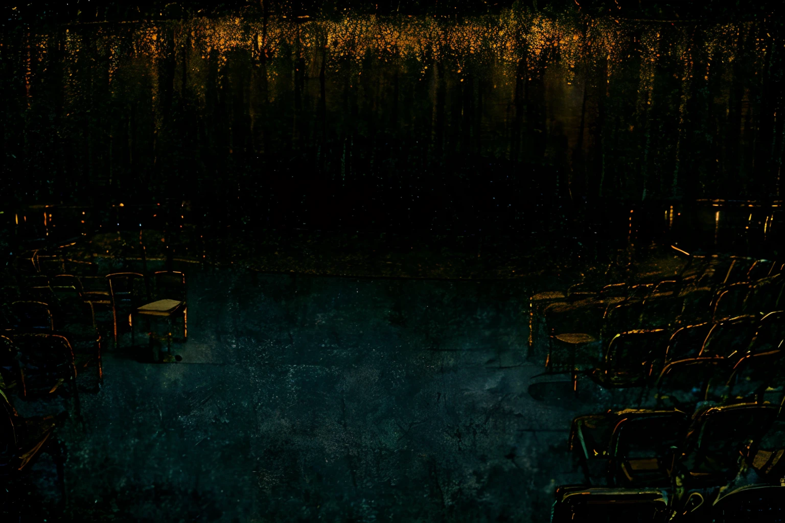 On a dark stage, Fallen lighting, Two chairs