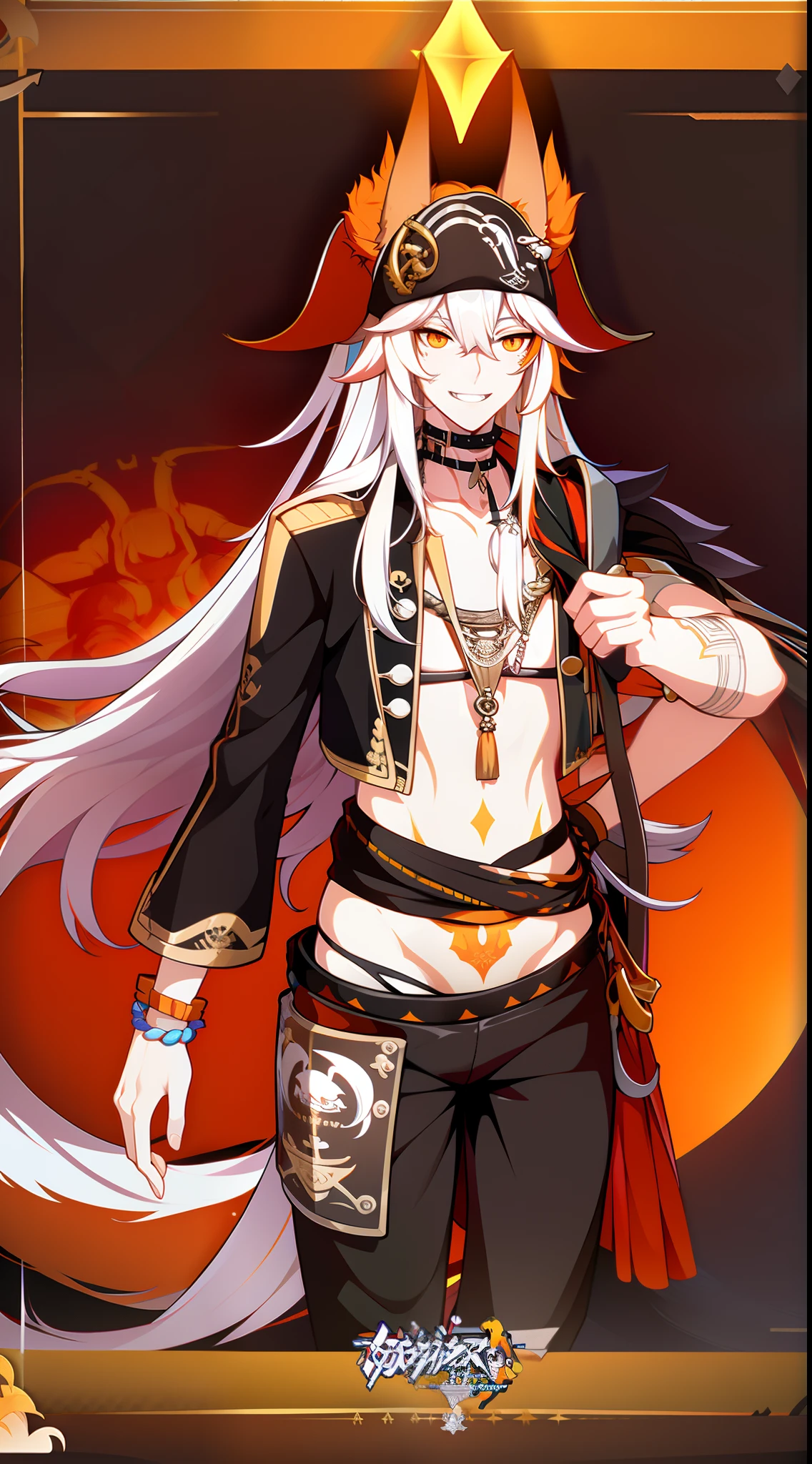 Tall guy, Long silver hair, Orange Eyes, wolf ears, wolf tail, ssmile, fangs, open torso, Tatoo, Pirate Hat, pirate pants, anchor, 4k, HD, Good detail