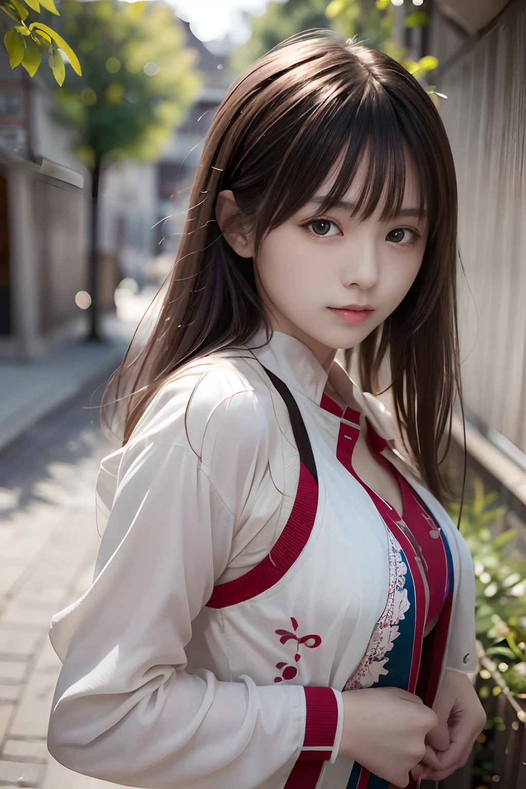 Araffe asian woman in a white shirt and red and blue dress - SeaArt AI