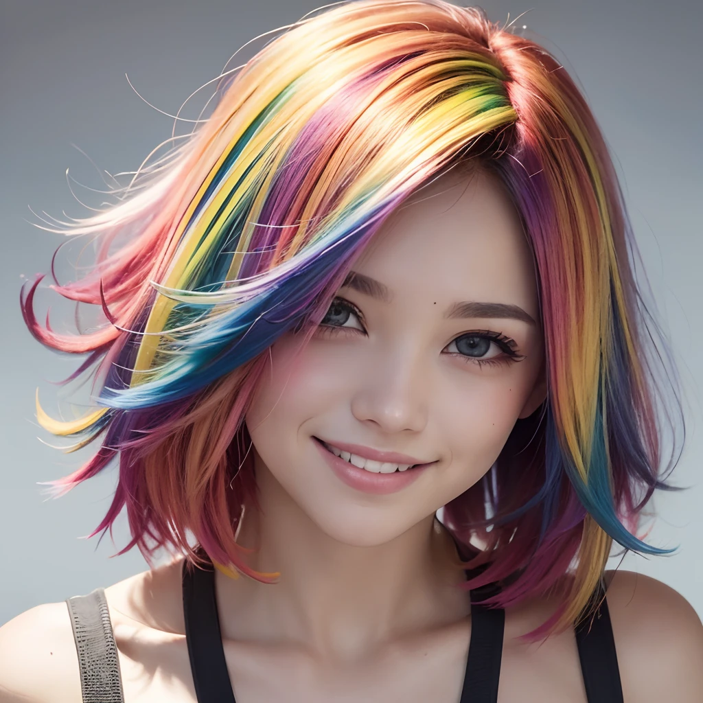 rainbow highlights, woman, front facing, facing forward, lookong at viewer, bright colors, vivid colors, bright hair, vivid hair, blushing, shy smile, fun medium  messy   haircut, rainbow hair, hair over one eye, tongue out