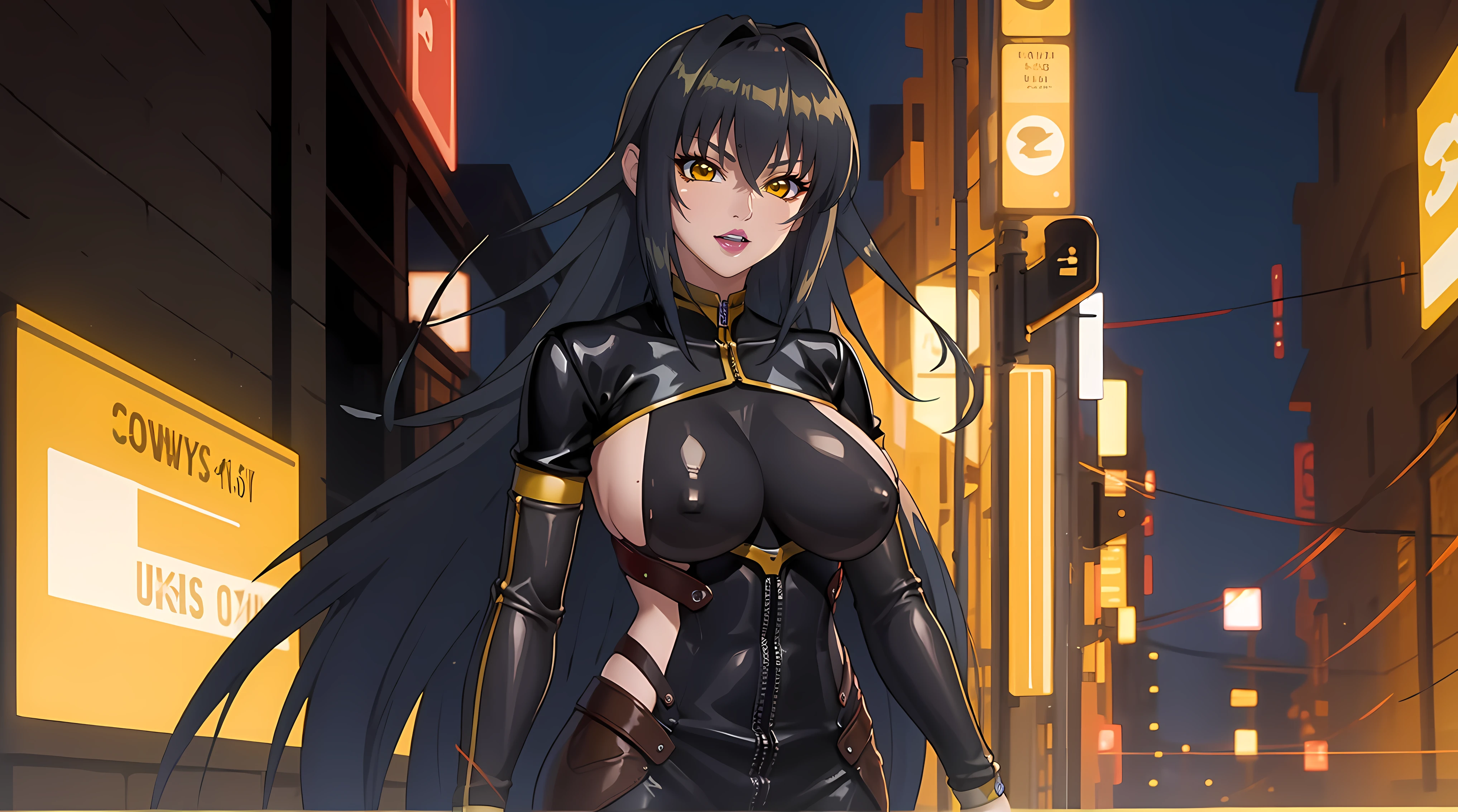 (masterpiece:1.4),(best quality:1.4), soft lighting, cinematic bloom, beautiful face, beautiful eyes, cowboy shot,
Annerose, 1girl, solo, female mature, black hair, long hair, (yellow eyes:1.4), large breasts, bodysuit, higheels, shiny clothes, skin tight, hair intakes, covered breasts, sideboob, exquisite eyes detail, exquisite character design unity details 8k hdr, professional art, landscape, (solo:1.5, cowboy shot:1.5), photorealistic