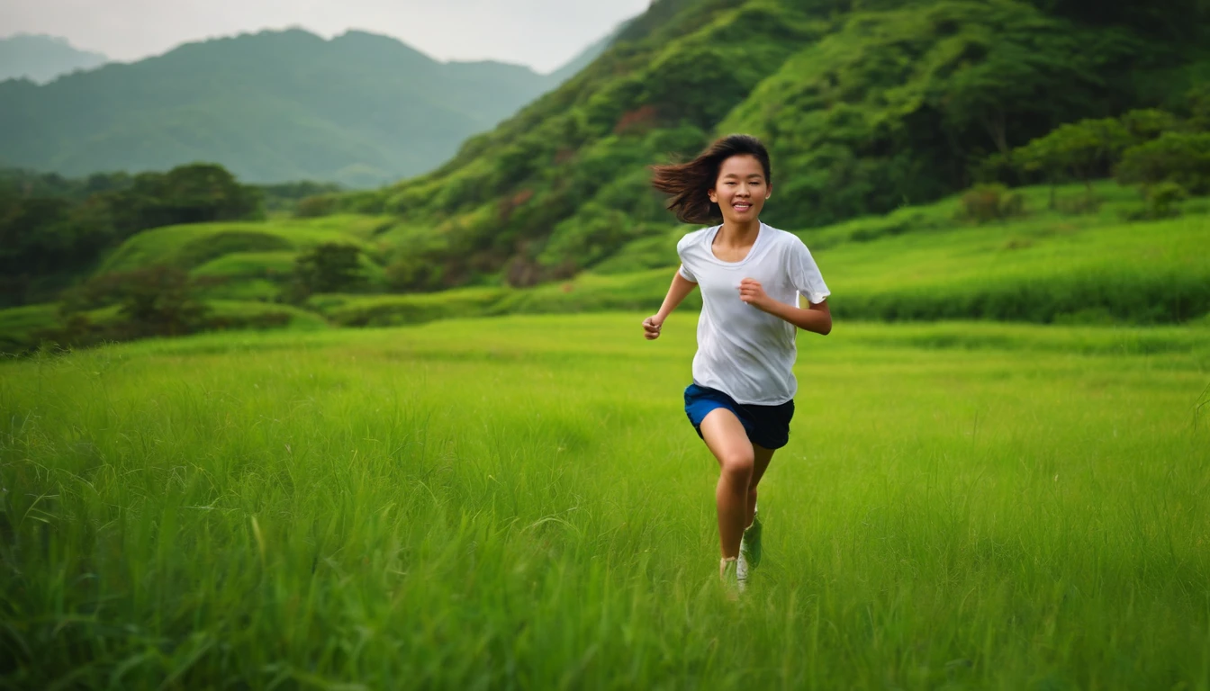 Taiwanese teenager running on grass