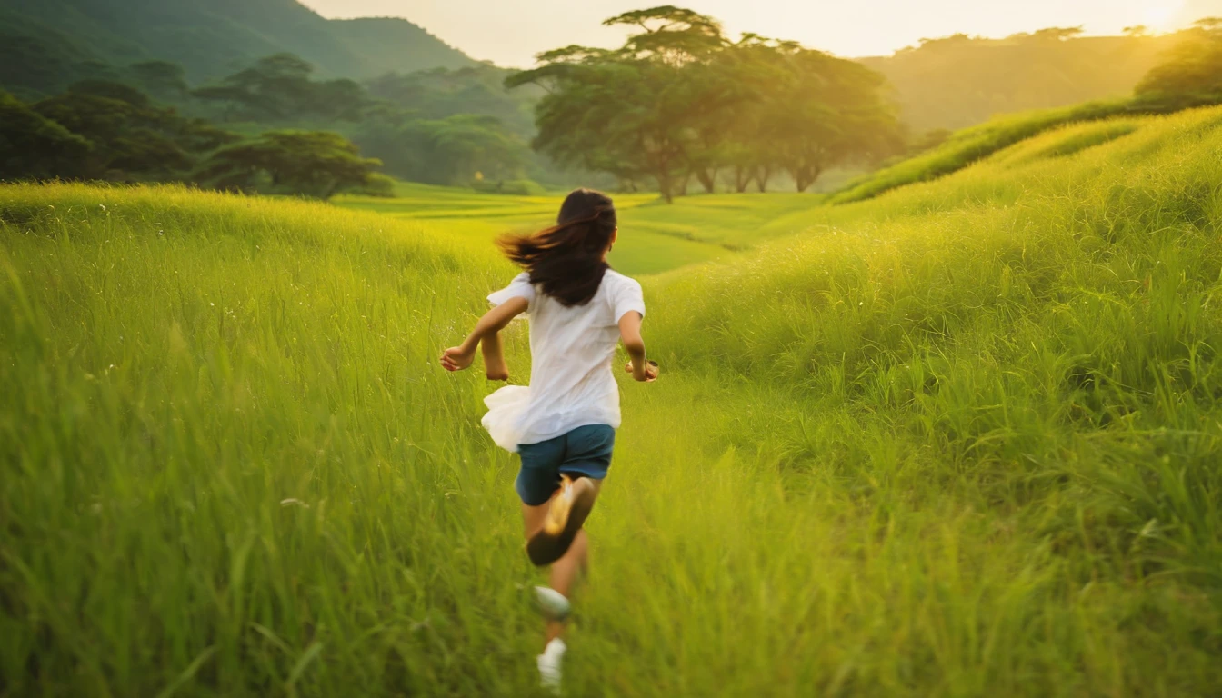 Taiwanese teenager running on grass