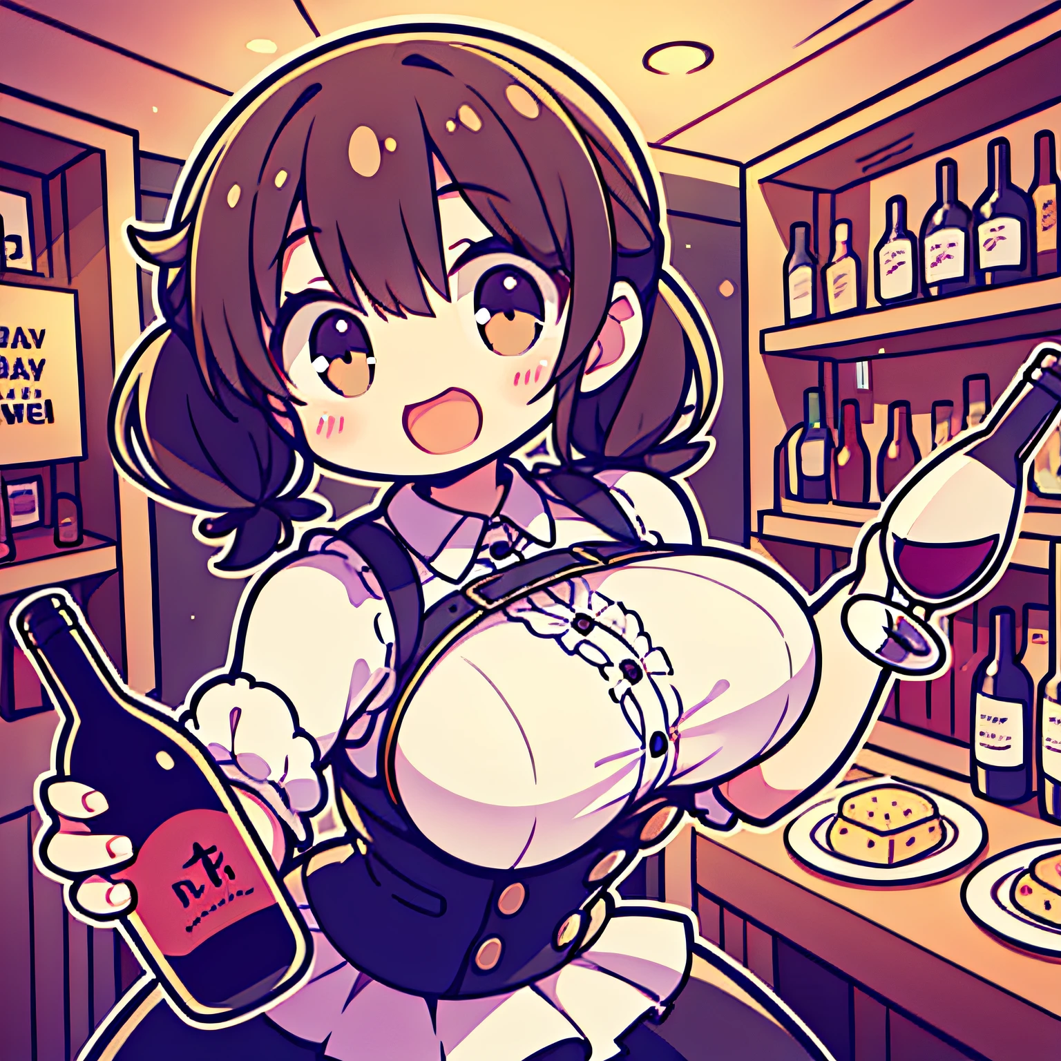 Sweet,Adorable, cheerful big breasts, pigtails, Lively, ,1 Head-to-body ratio, holding wine bottle,The background is inside the tavern