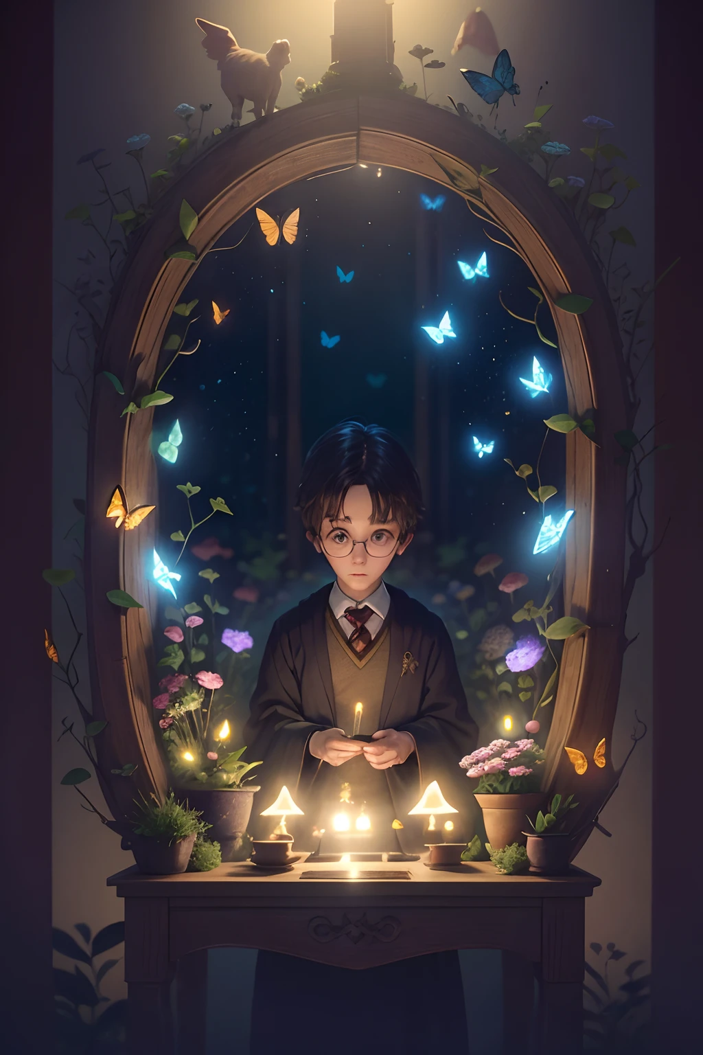 Harry Potter, glasses bunny, Bokeh effects of small led lights, field full of butterflies, rabbits, mushrooms and bonsai, japanese setting, photorealistic, pixar style, The scene is framed in the rule of thirds, with a high quality background and ultra detailed scenery. Intricate scene full of flowers