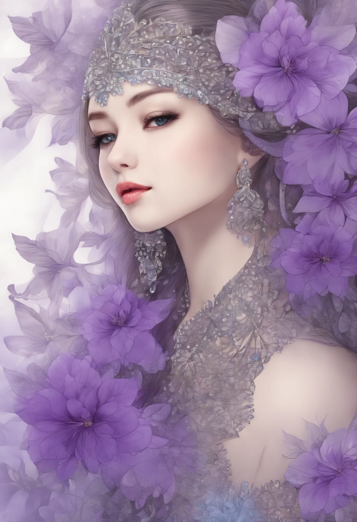 (1 girl with beautiful face、、独奏、From Side)、ighly detailed、(Abstract background、Zentangle、Fractal Art:1.5)、(purple color theme、colourfull:1.1)、(pluma、flower petals、bellflowers:1.3)、dynamicposes、耳Nipple Ring
