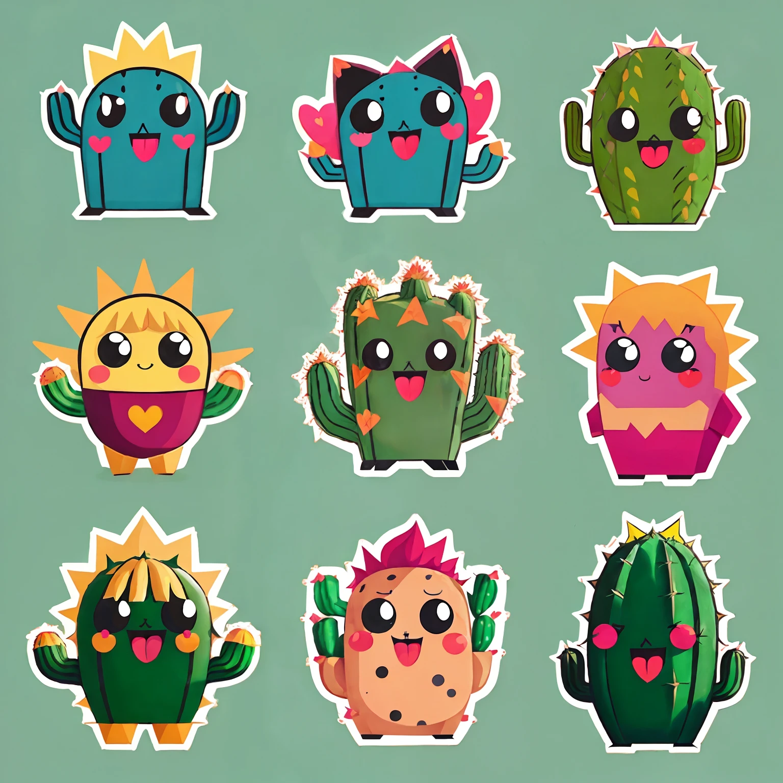 stickers of four cactus,cute,anthropomorphic cactus,Panicked