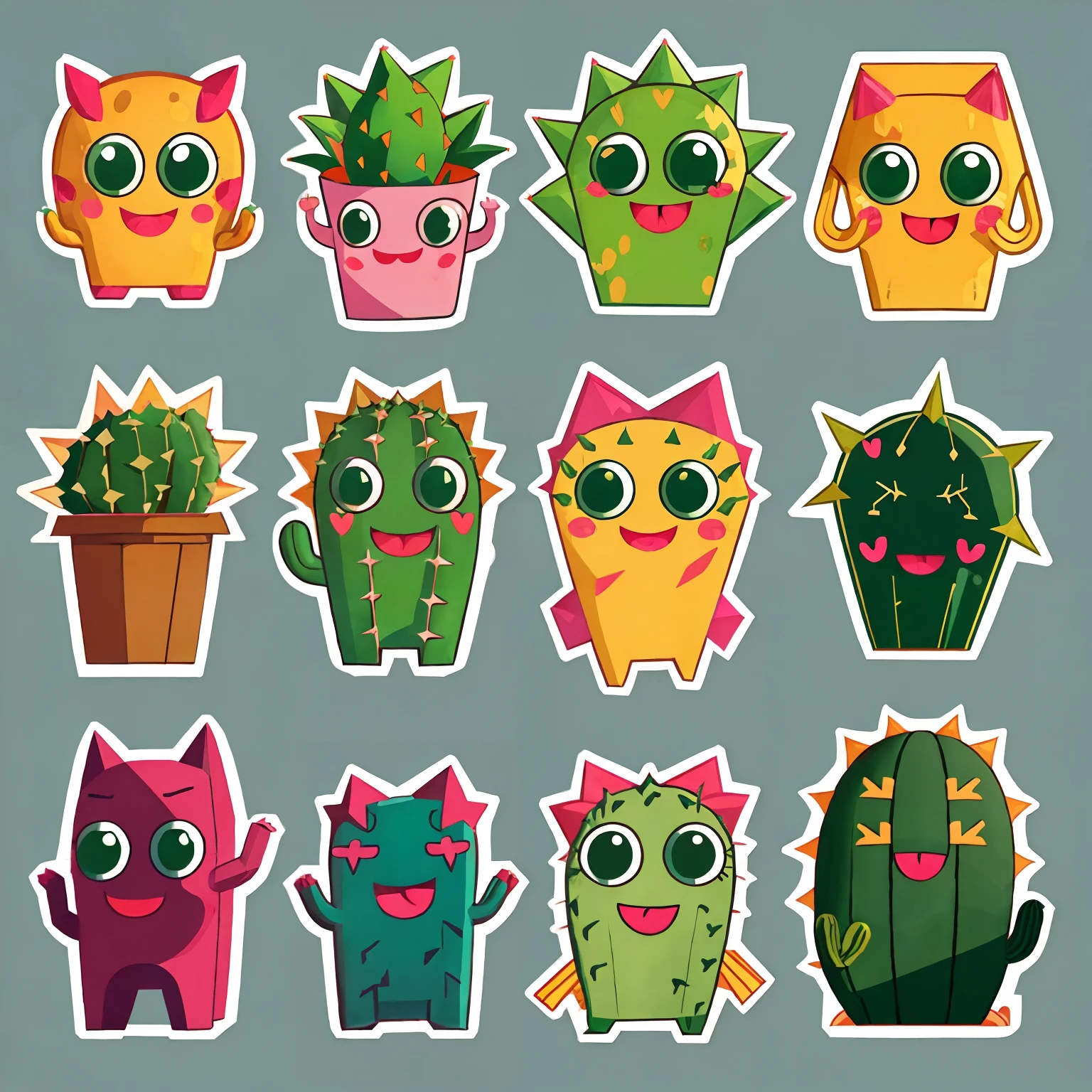 stickers of four cactus,cute,anthropomorphic cactus,Panicked