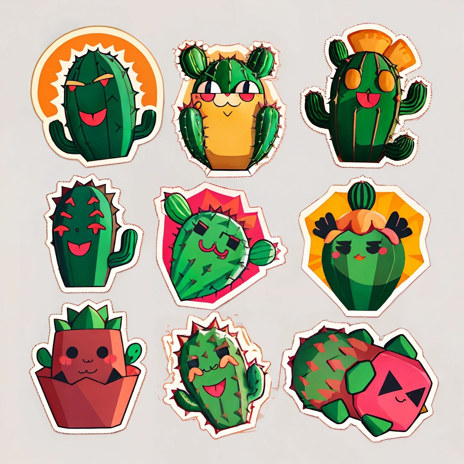 stickers of four cactus,cute,anthropomorphic cactus,Panicked