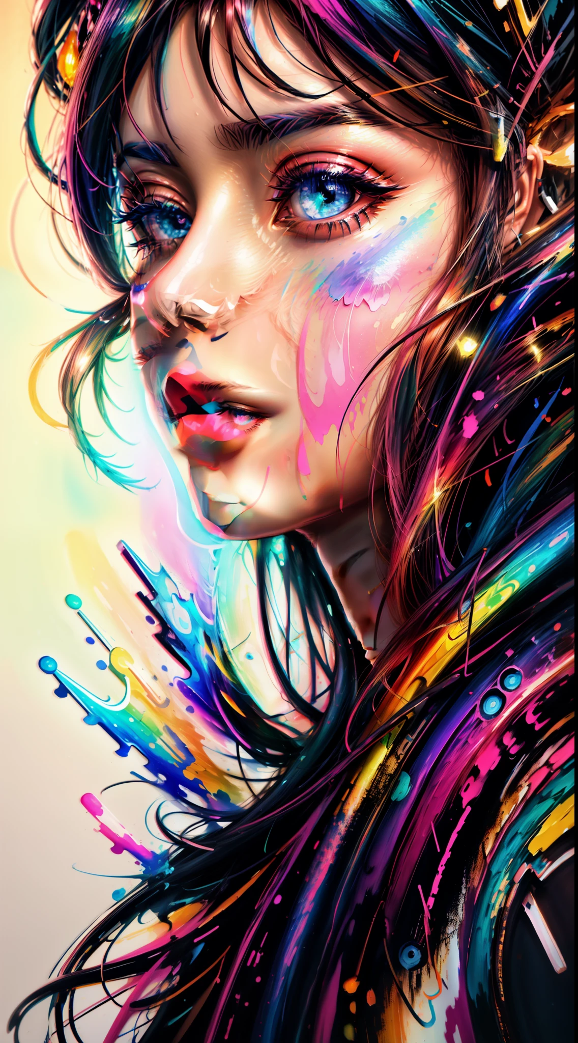 uma mulher com tinta colorida no rosto e no cabelo, gotejamento com cor, arte colorida bonita!, lindo arte digital, art painting, Arte bonita UHD 4K, retrato abstrato, Arte colorida, linda arte digital linda, Arte de Alessandro Pautasso, face submerged in colored oils, pintura colorida, Beautiful acrylic fluid portrait, tinta colorida, arte digital impressionante, arte colorida