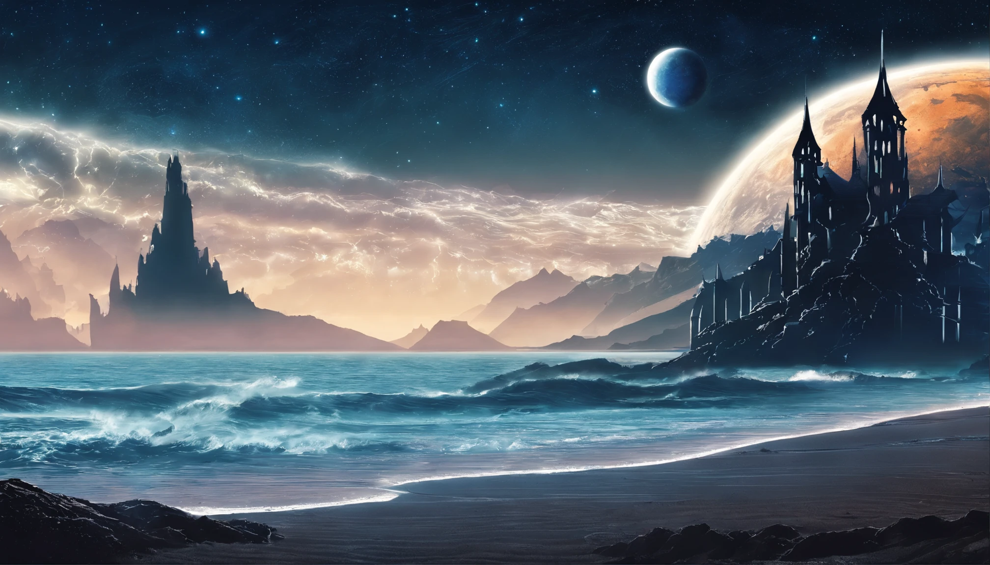 huge planet, the night, starrysky, surrealism, masutepiece, hight resolution、Impressive Milky Way:1.9、sand beach、Vast blue ocean、Blue Waves、Blue glacier、lightning bolt:1.9、Protoplanets、pure beauty