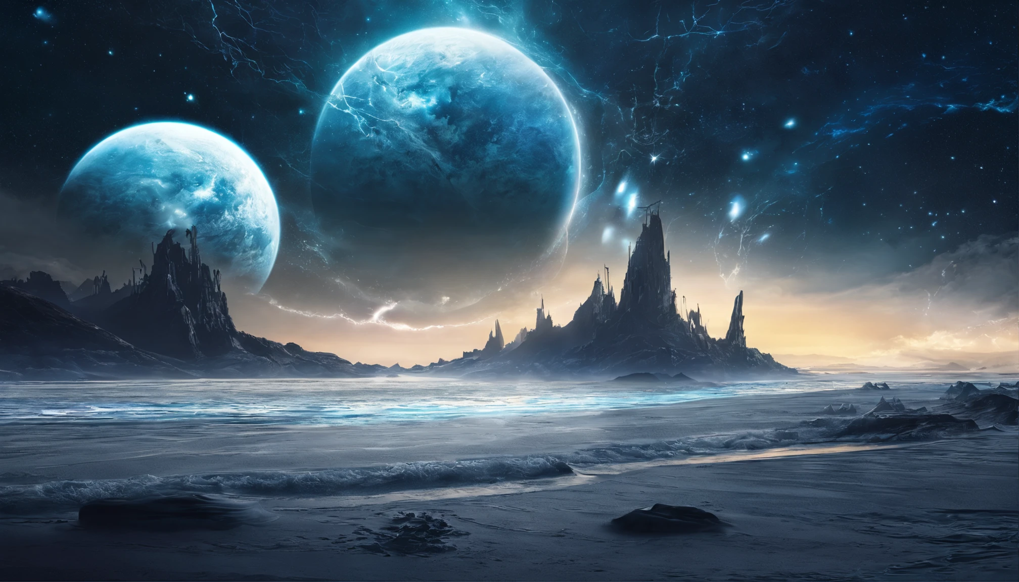 huge planet, the night, starrysky, surrealism, masutepiece, hight resolution、Impressive Milky Way:1.9、sand beach、Vast blue ocean、Blue Waves、Blue glacier、lightning bolt:1.9、Protoplanets、pure beauty