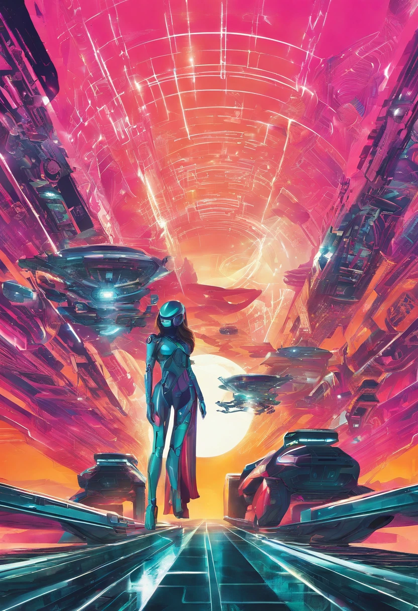 Create a vibrant, futuristic artwork depicting a cyber female and her sleek, cybernetic vehicle in an awe-inspiring desert wasteland. Imagine a world where technology and nature coexist, showcasing a harmonious blend of the artificial and the organic. The cyber female should be portrayed as confident, strong, and full of character. Feel free to explore imaginative cybernetic enhancements and futuristic fashion, emphasizing vibrant colors, intricate designs, and unique textures. The vehicle should complement the overall scene, reflecting its cybernetic nature and incorporating elements that showcase its functionality. Let your creativity run wild as you bring this captivating cybernetiv world to life!