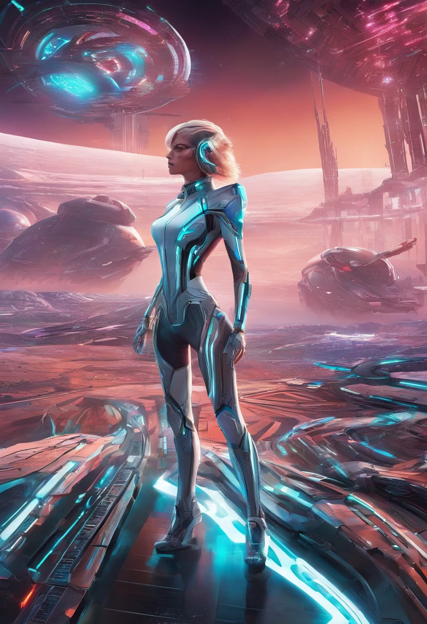 Create a vibrant, futuristic artwork depicting a cyber female and her sleek, cybernetic vehicle in an awe-inspiring desert wasteland. Imagine a world where technology and nature coexist, showcasing a harmonious blend of the artificial and the organic. The cyber female should be portrayed as confident, strong, and full of character. Feel free to explore imaginative cybernetic enhancements and futuristic fashion, emphasizing vibrant colors, intricate designs, and unique textures. The vehicle should complement the overall scene, reflecting its cybernetic nature and incorporating elements that showcase its functionality. Let your creativity run wild as you bring this captivating cybernetiv world to life!
