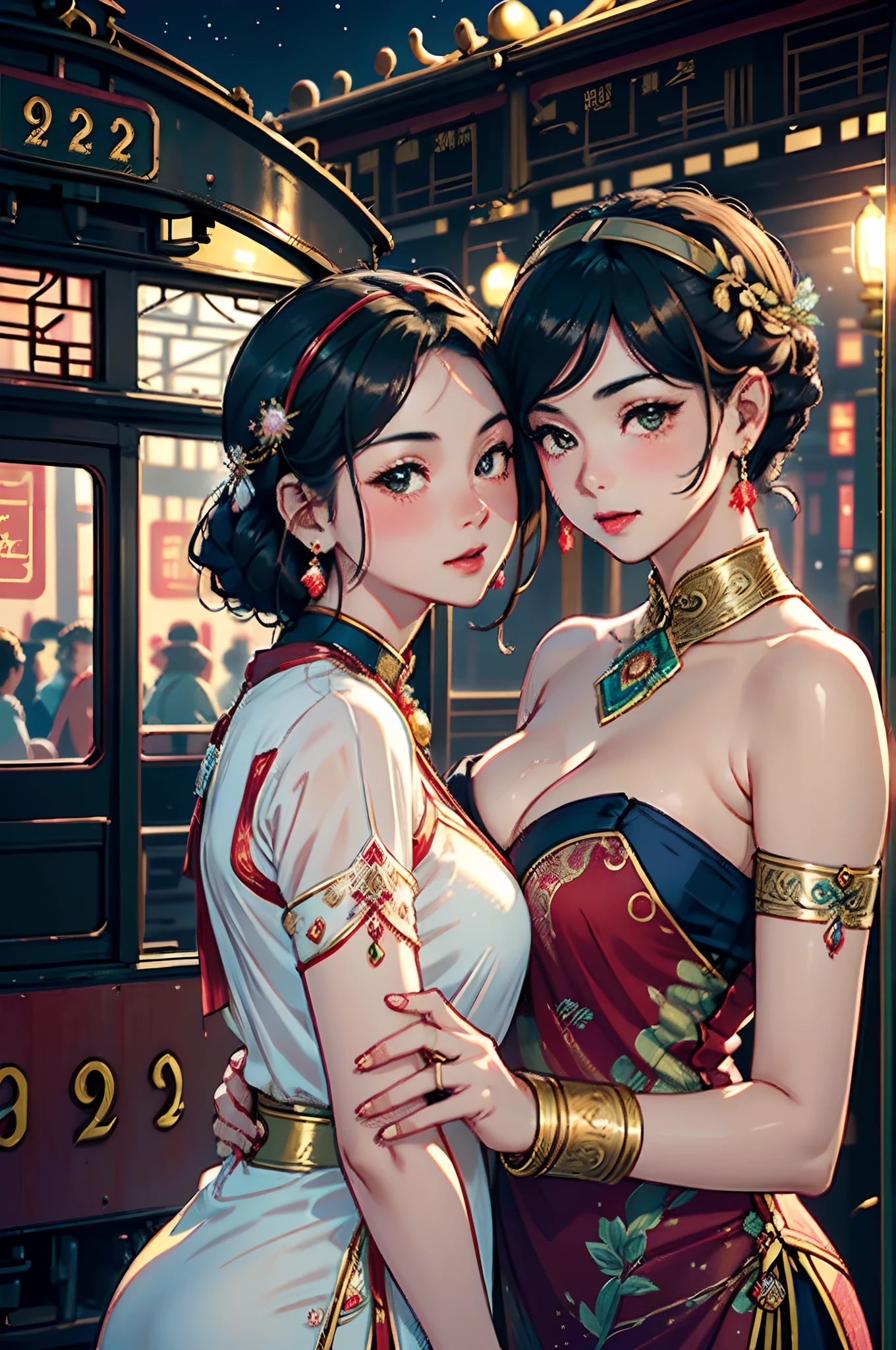 Two beautiful girls,leering:1.4, Lovers, Lesbians,(At the railway station in Shanghai in the 1920s,Vintage train background:1.6),(Taoist hairstyle,Giant hairband:1.6,Oylan hair accessories,armlets, bangle:1.3),Dodge kisses,bauhause, bulgari, official valentino editorial,half-open lips, Suck your lips firmly, Drooling, elegant, Brilliant, Beautiful, Blush (0.2), Gorgeous, Beautiful, Gorgeous, gentle, Starry sky, Milky Way, Summer triangle, Tanabata and bamboo ornaments, Precise drawings, a detailed drawing,