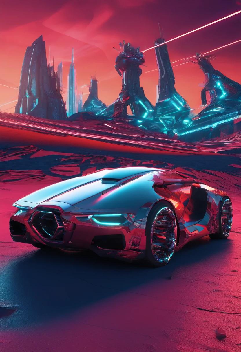 Create a vibrant, futuristic artwork depicting a cyber female and her sleek, cybernetic vehicle in an awe-inspiring desert wasteland. Imagine a world where technology and nature coexist, showcasing a harmonious blend of the artificial and the organic. The cyber female should be portrayed as confident, strong, and full of character. Feel free to explore imaginative cybernetic enhancements and futuristic fashion, emphasizing vibrant colors, intricate designs, and unique textures. The vehicle should complement the overall scene, reflecting its cybernetic nature and incorporating elements that showcase its functionality. Let your creativity run wild as you bring this captivating cybernetiv world to life!