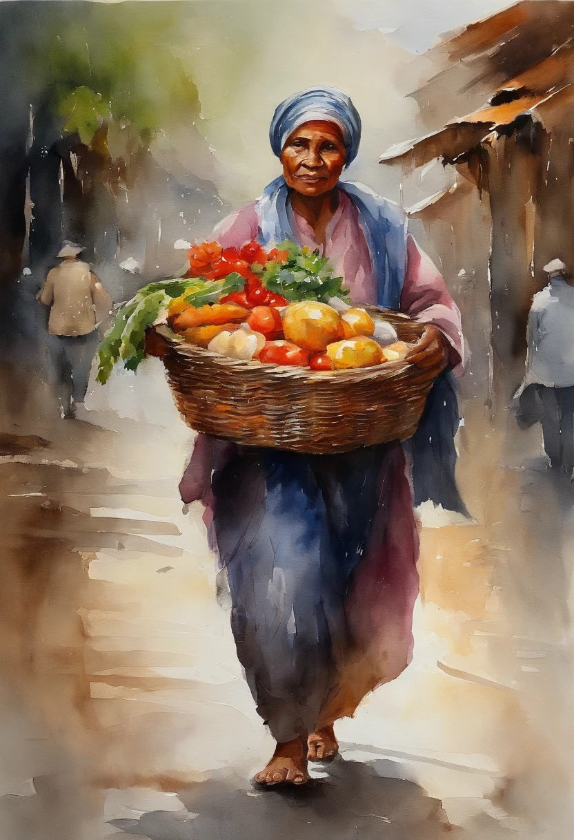 A market seller carries a market basket.Holding the baby by the hand၊ went back, RAINING SEASON, best composition, white background masterpiece oil painting, impasto painting.