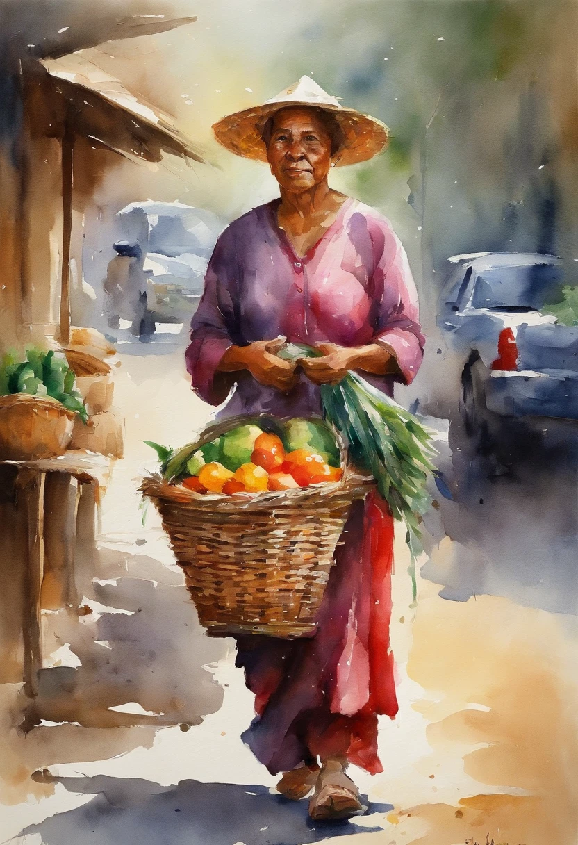 A market seller carries a market basket.Holding the  by the hand၊ went back, RAINING SEASON, best composition,  white background masterpiece  oil painting, impasto painting.