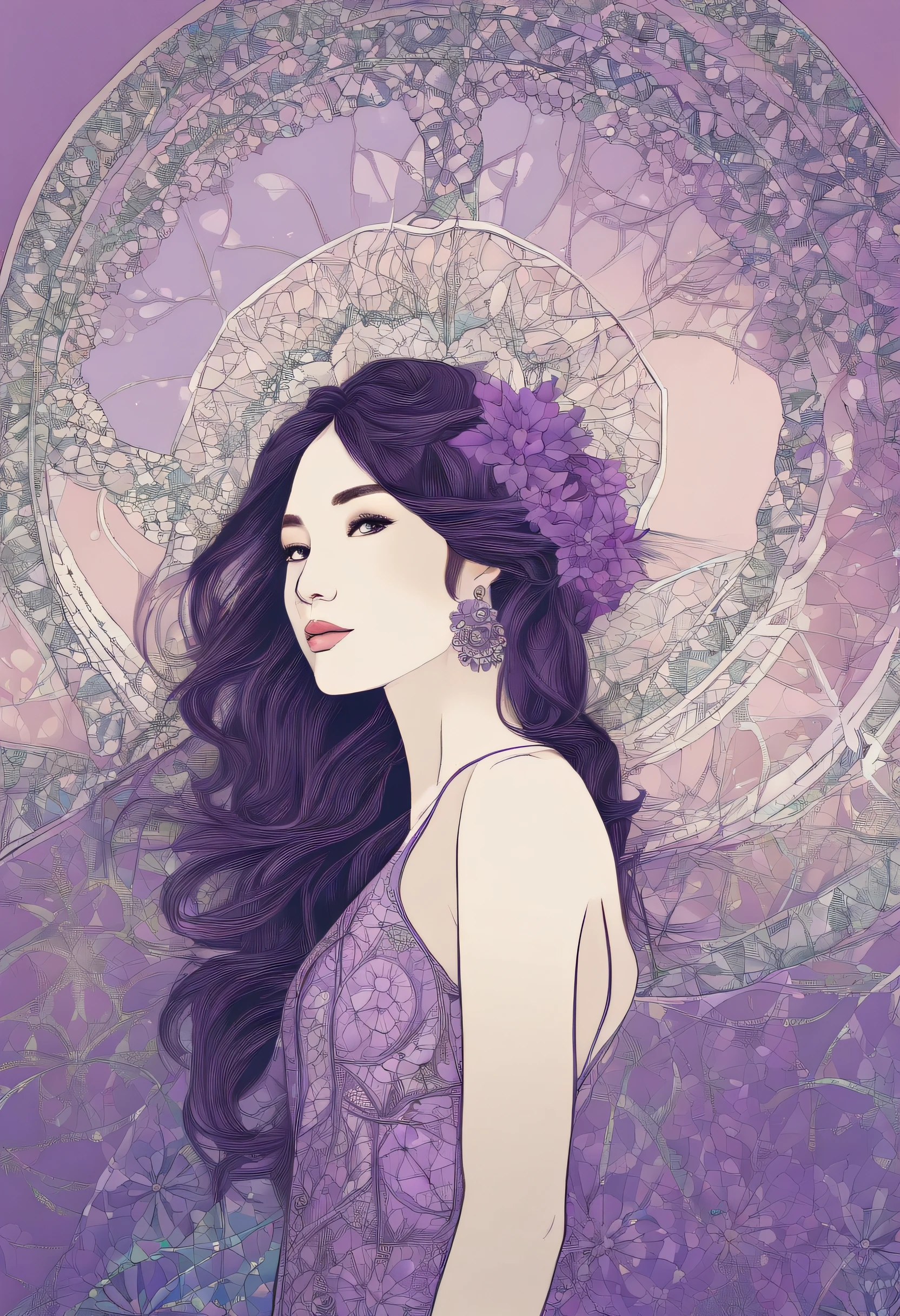 (1 girl with beautiful face、sixteen years old、独奏、From Side)、ighly detailed、(Abstract background、Zentangle、Fractal Art:1.5)、(purple color theme、colourfull:1.1)、(pluma、flower petals、bellflowers:1.3)、dynamicposes、耳Nipple Ring