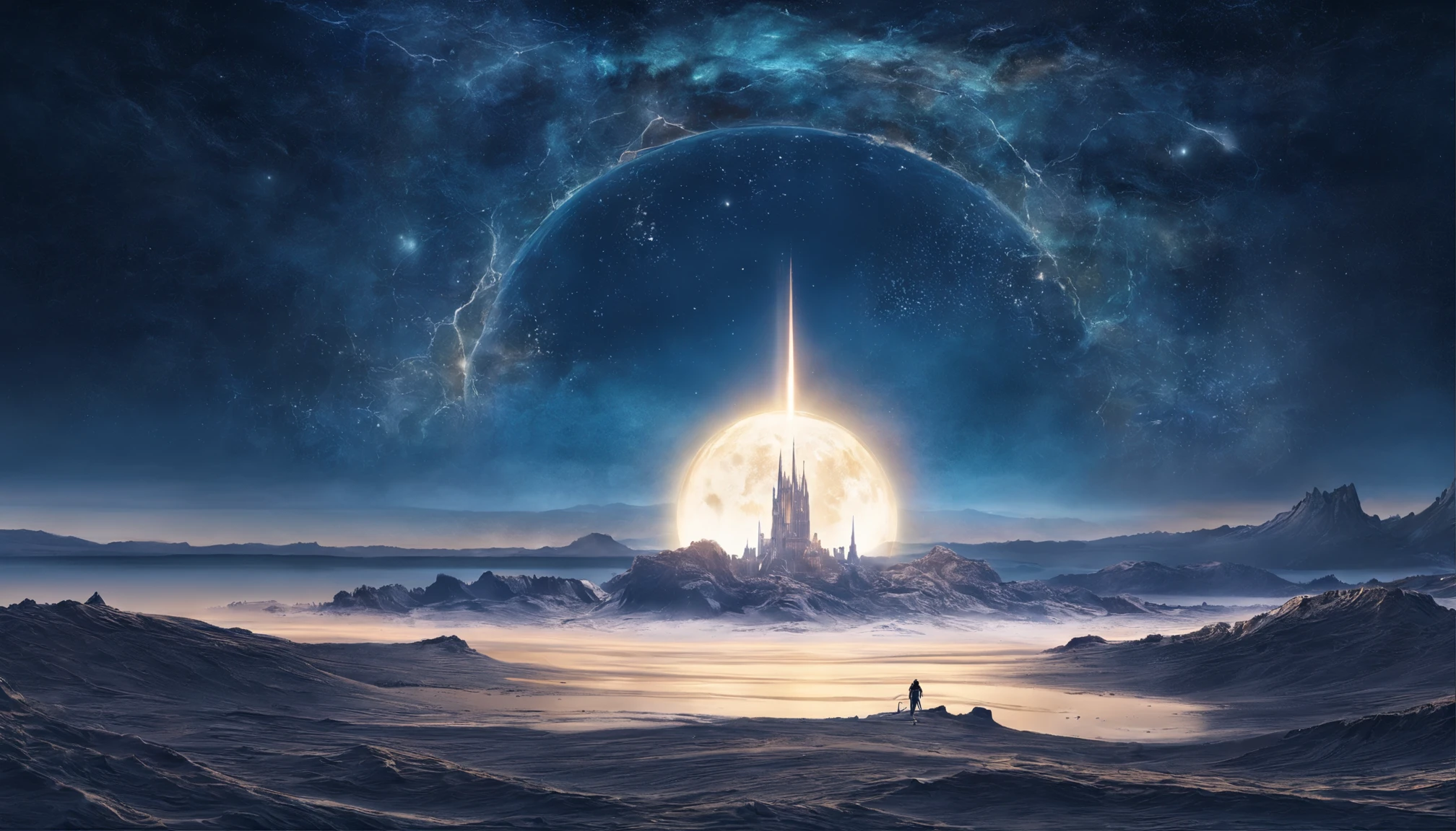 huge planet, the night, starrysky, surrealism, masutepiece, hight resolution、Impressive Milky Way:1.9、sand beach、Vast blue ocean、Blue Waves、Blue glacier、lightning bolt:1.9、Protoplanets、pure beauty