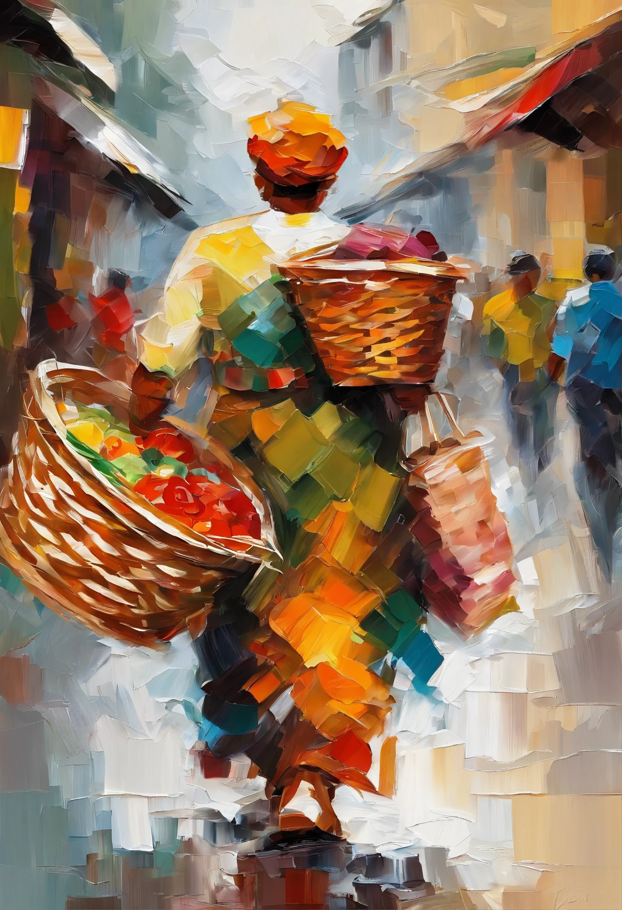 A market seller carries a market basket.Holding the  by the hand၊ went back, RAINING SEASON, best composition,  white background masterpiece  oil painting, impasto painting.