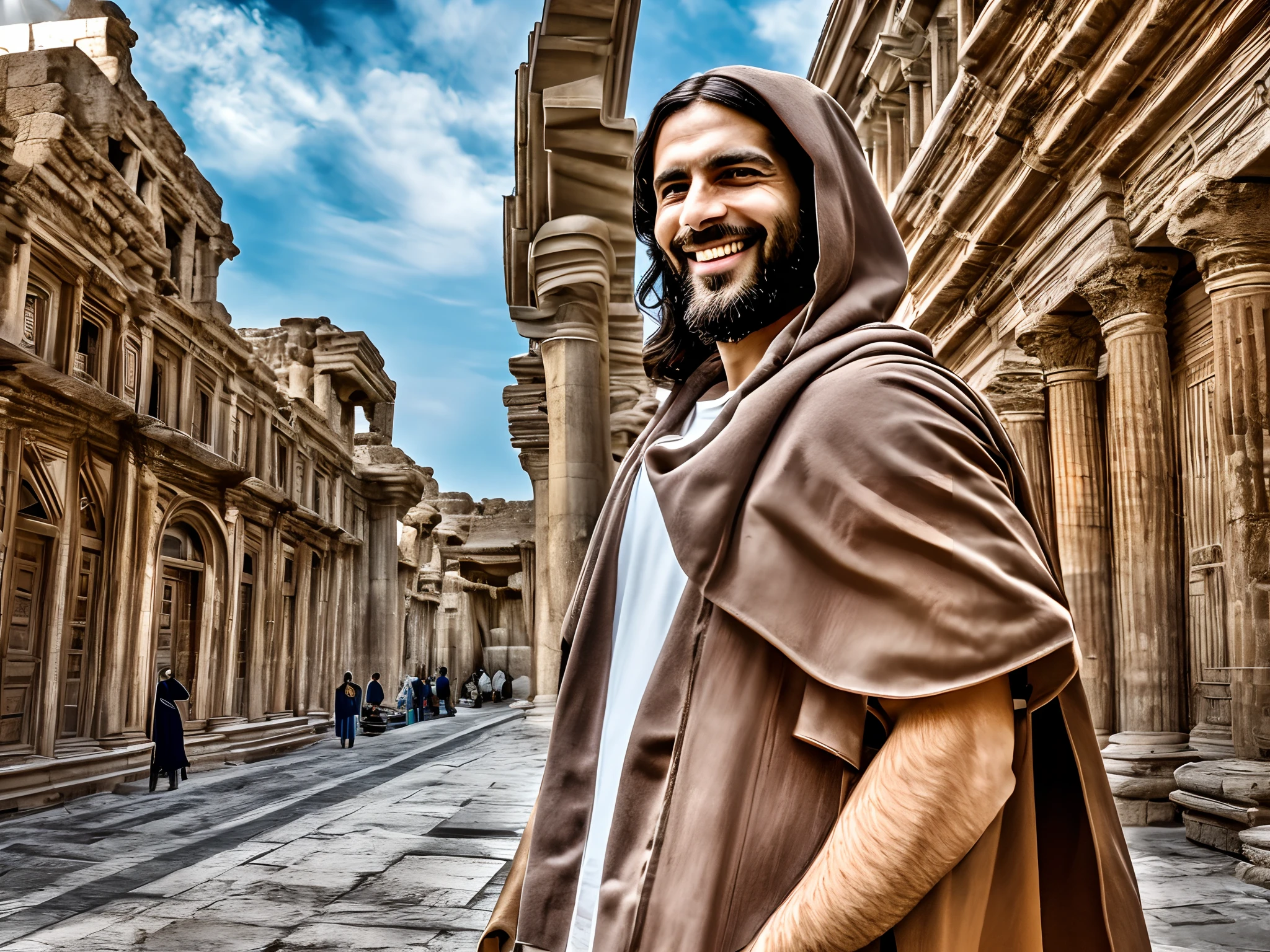 Joshua, 30-years old, jew or syrian, long light-brown hair, smiling, handsome, realistic face, sharp eyes, wearing a brown cloak and white shirt like Jesus, leather and metal gird on his waist, photo, ancient building background, widescreen --auto --s2